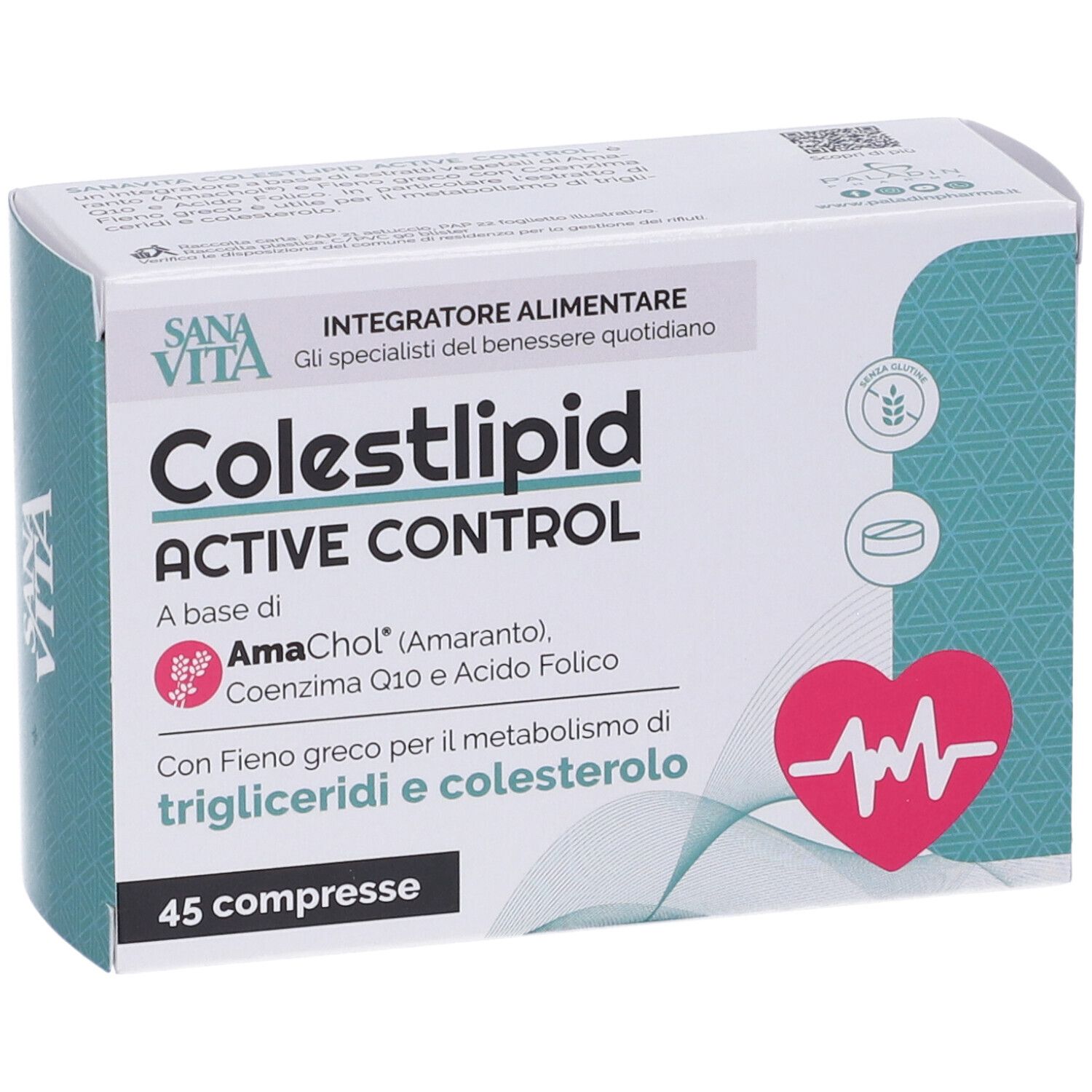 Scatola SANAVITA Colestlipid Active Control. Contiene 45 compresse. Grafica cuore e informazioni prodotto.