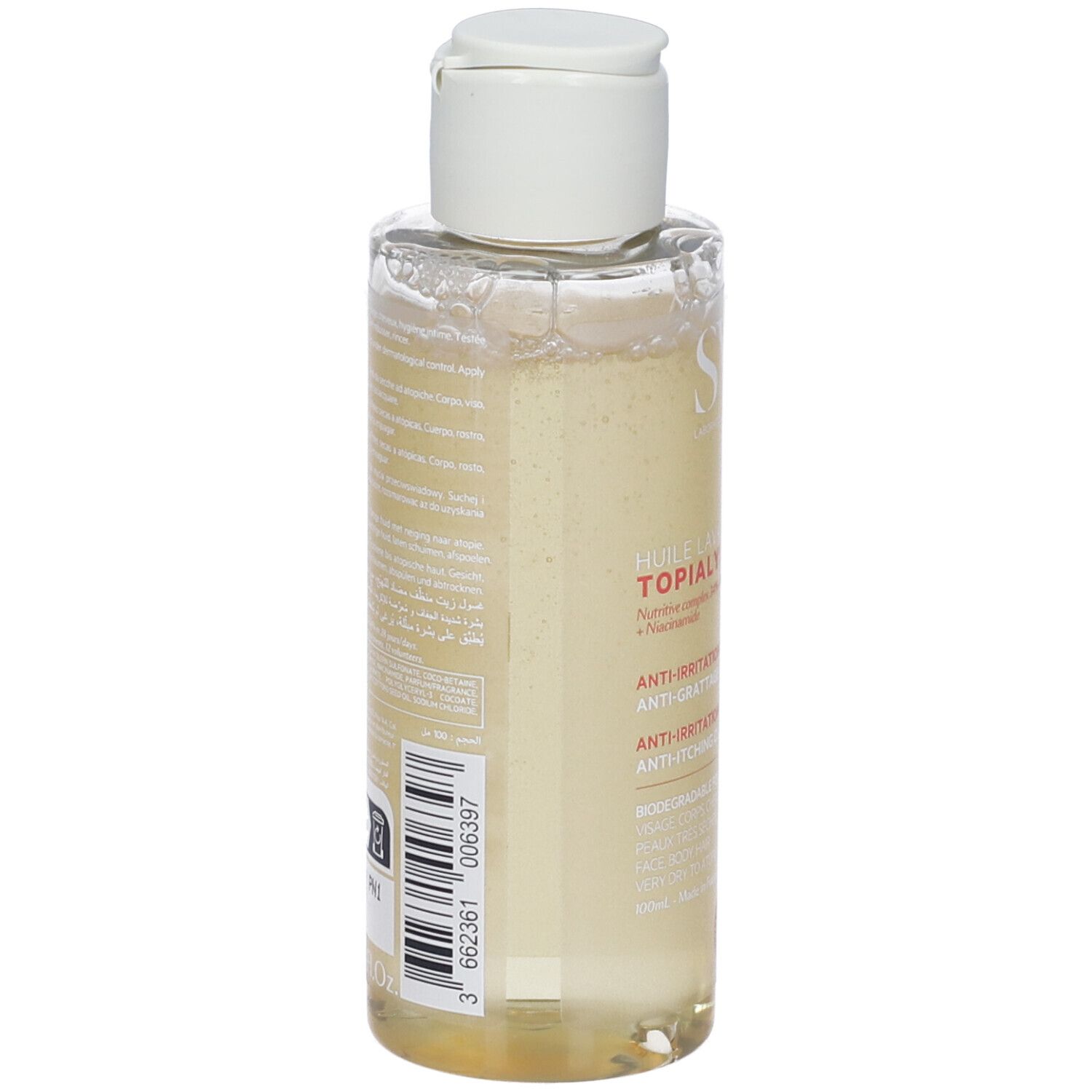 Retro di un flacone di olio lavante SVR Topialyse con etichetta.