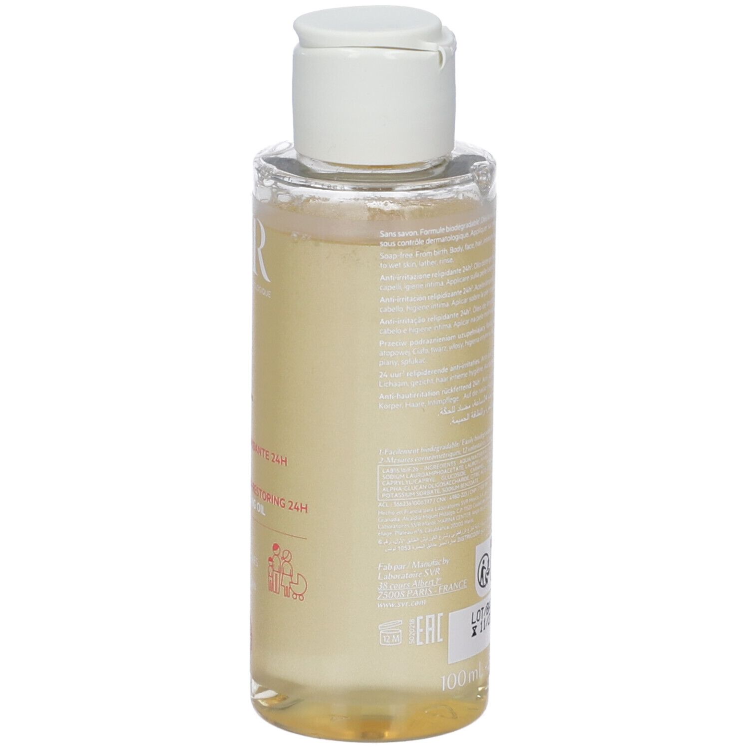 Flacone di olio lavante SVR Topialyse, fronte con etichetta e tappo bianco.