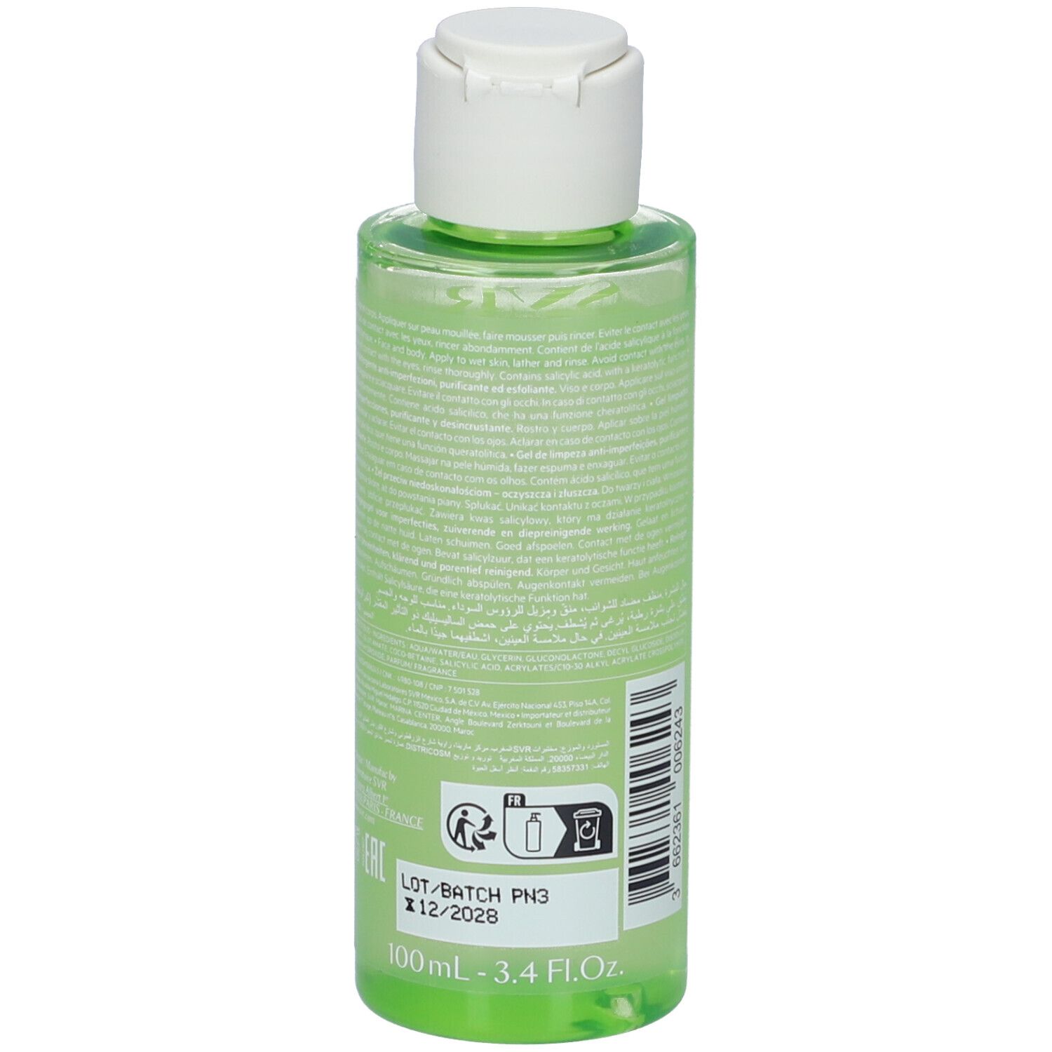 Flacone SVR Sebiaclear Gel Moussant con numero di lotto, data di scadenza e indicazione 100ml/3.4 Fl.Oz.