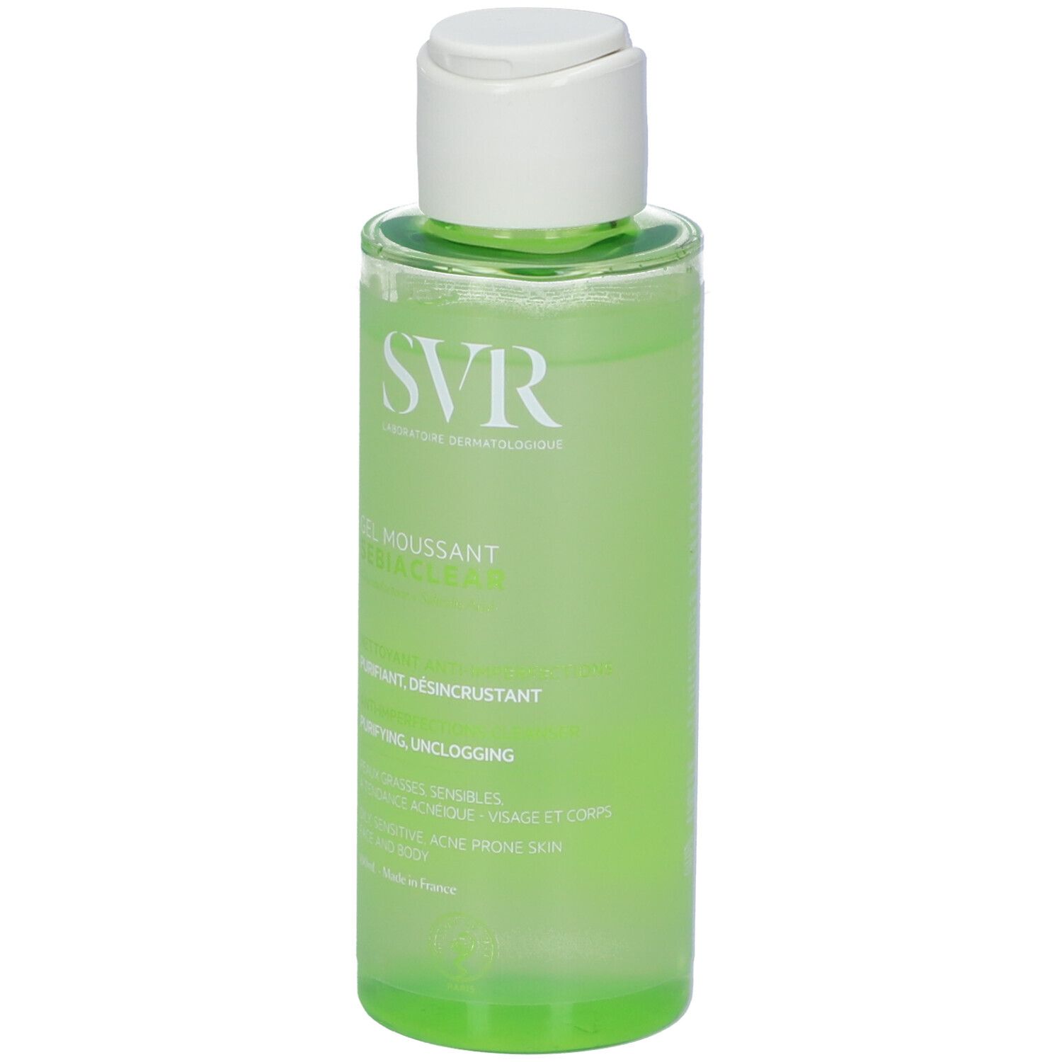 SVR Sebiaclear Gel Moussant detergente in flacone trasparente con tappo a scatto bianco.