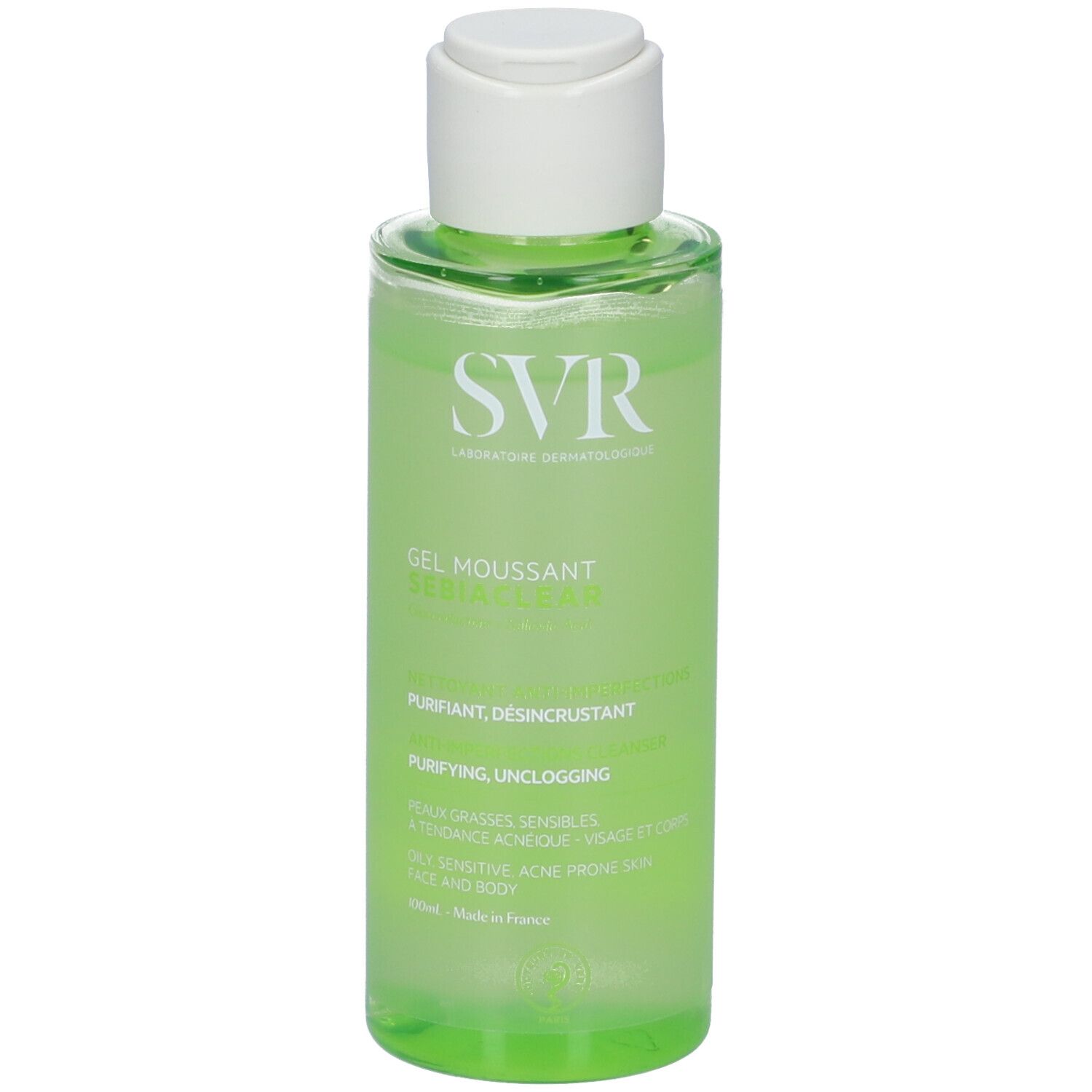 SVR Sebiaclear Gel Moussant detergente in flacone trasparente con tappo a scatto bianco.