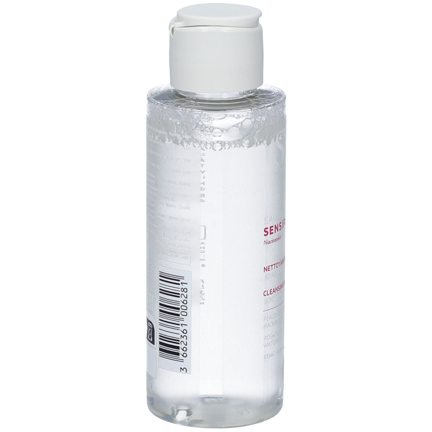Retro della bottiglia di acqua micellare SVR Sensifine AR con codice a barre.