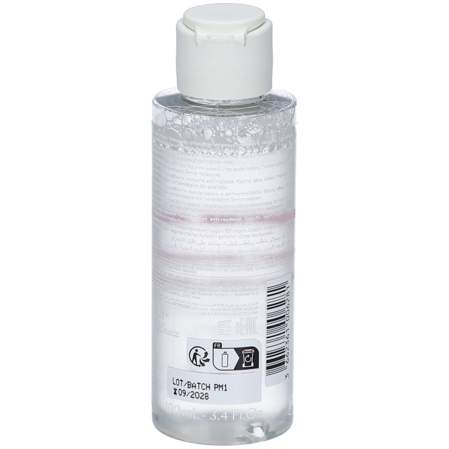 Retro della bottiglia di acqua micellare SVR Sensifine AR con numero di lotto.