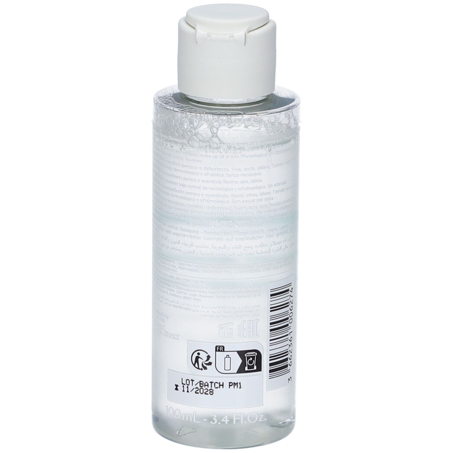 Liquido trasparente in flacone trasparente con tappo a scatto bianco. 100 ml / 3.4 fl.oz.