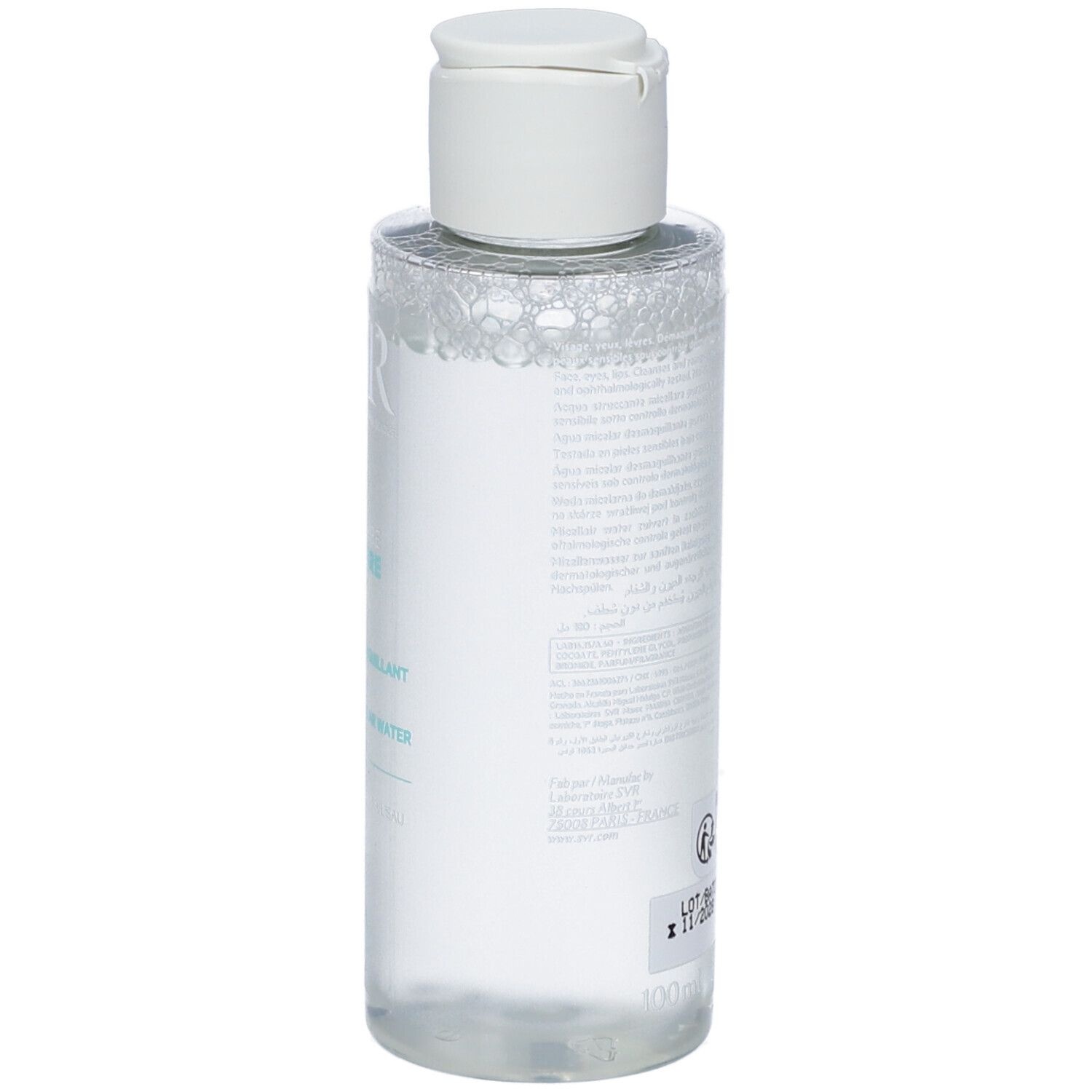 Liquido limpido in flacone trasparente con tappo a scatto bianco. Contiene 100 ml.