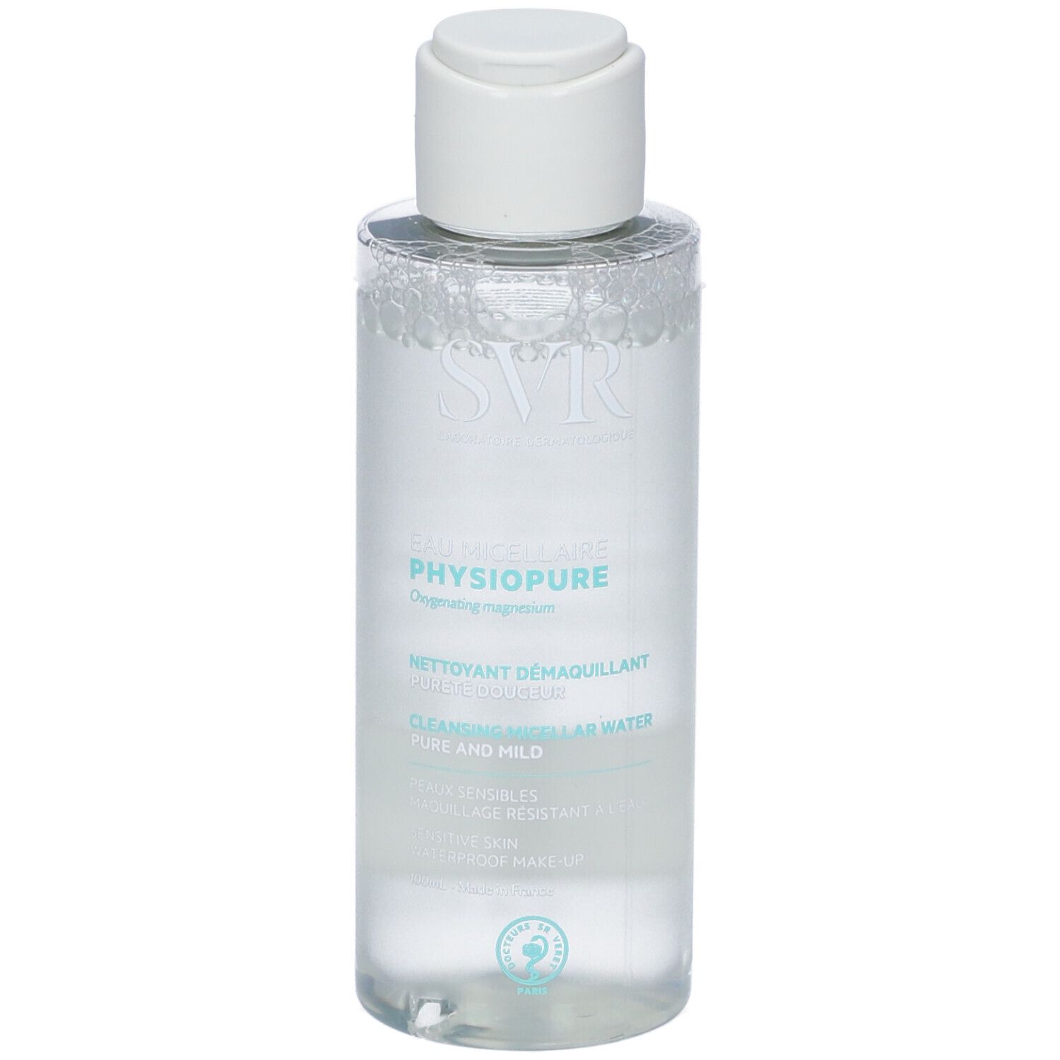 Acqua micellare struccante SVR PhysiOpure in flacone trasparente con tappo bianco.