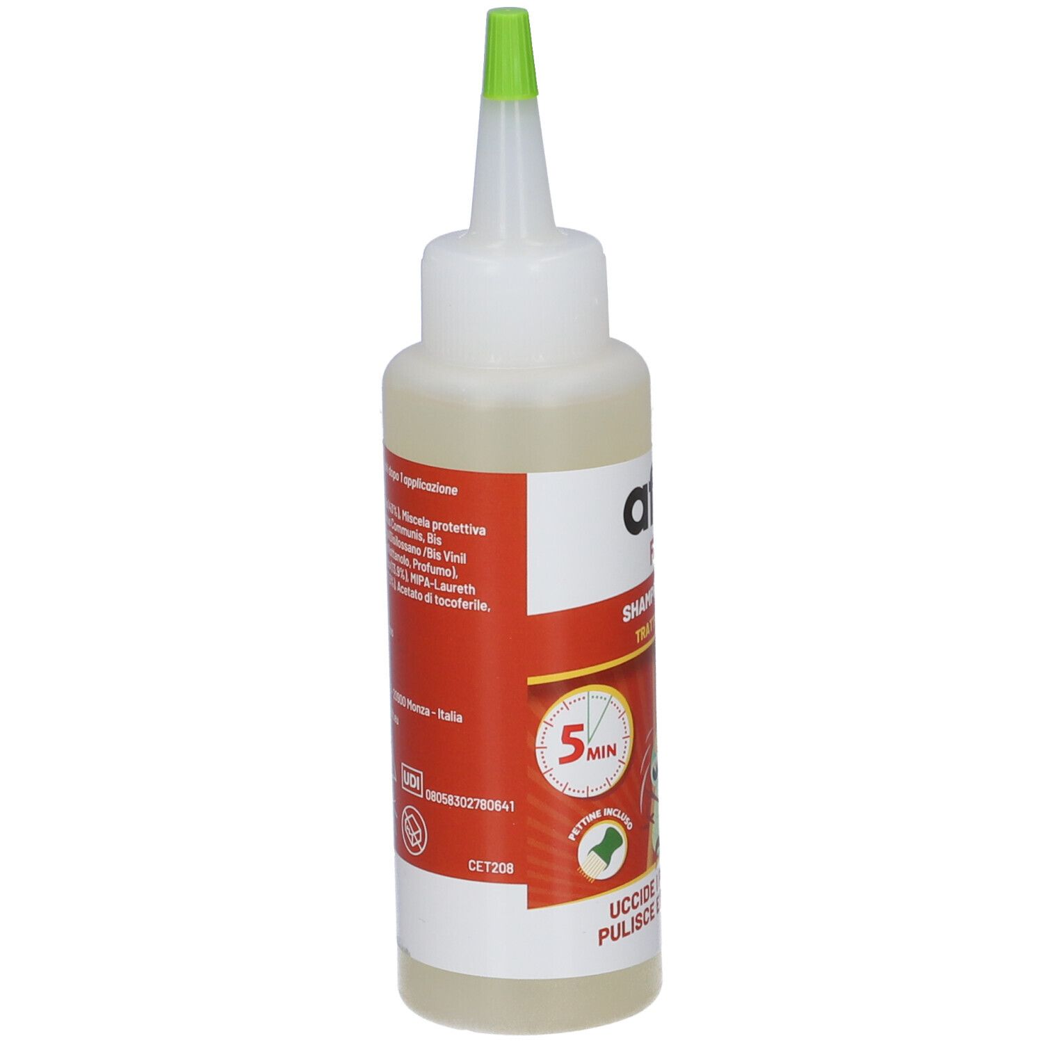 Retro del flacone Aftir Flash Shampoo 3in1 con istruzioni e informazioni sul prodotto.