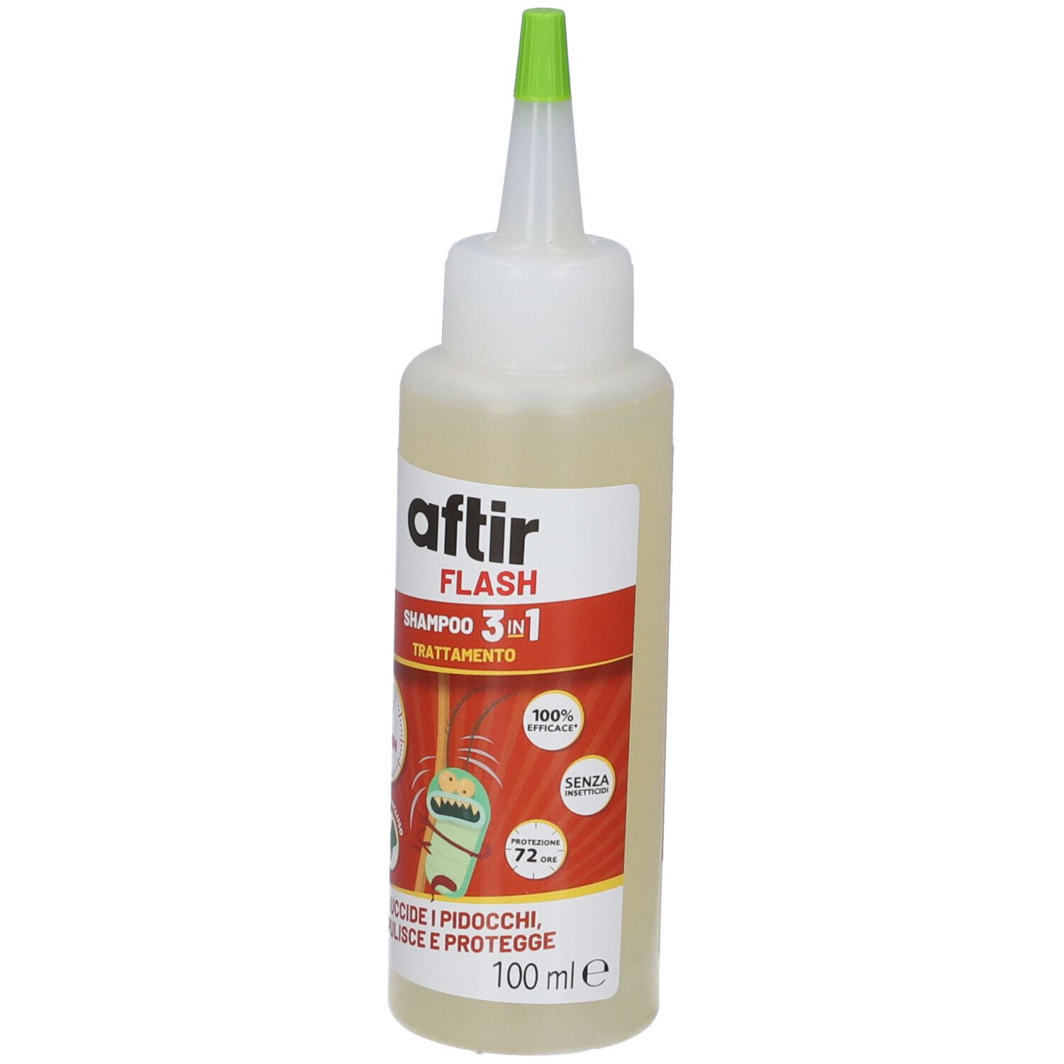 Flacone Aftir Flash Shampoo 3in1 con applicatore verde ed etichetta con informazioni sul prodotto.
