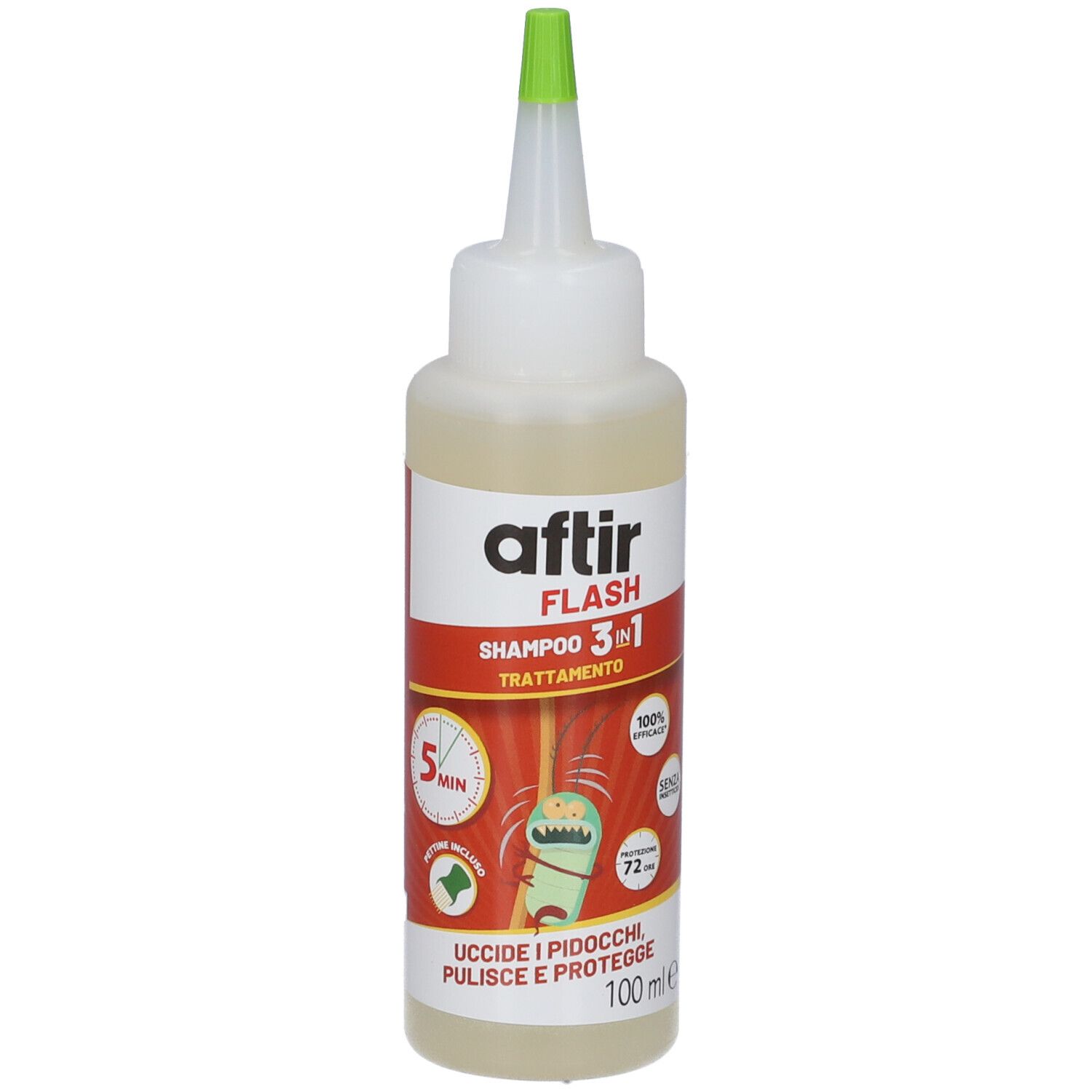 Flacone Aftir Flash Shampoo 3in1 con applicatore verde ed etichetta con informazioni sul prodotto.
