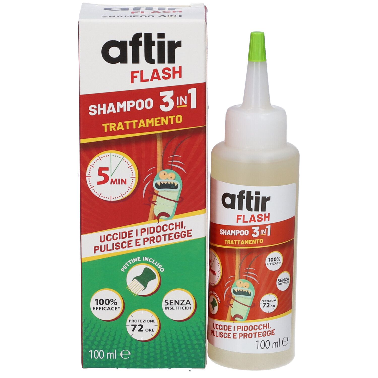 Flacone e scatola Aftir Flash Shampoo 3in1 con informazioni sul prodotto e illustrazioni.