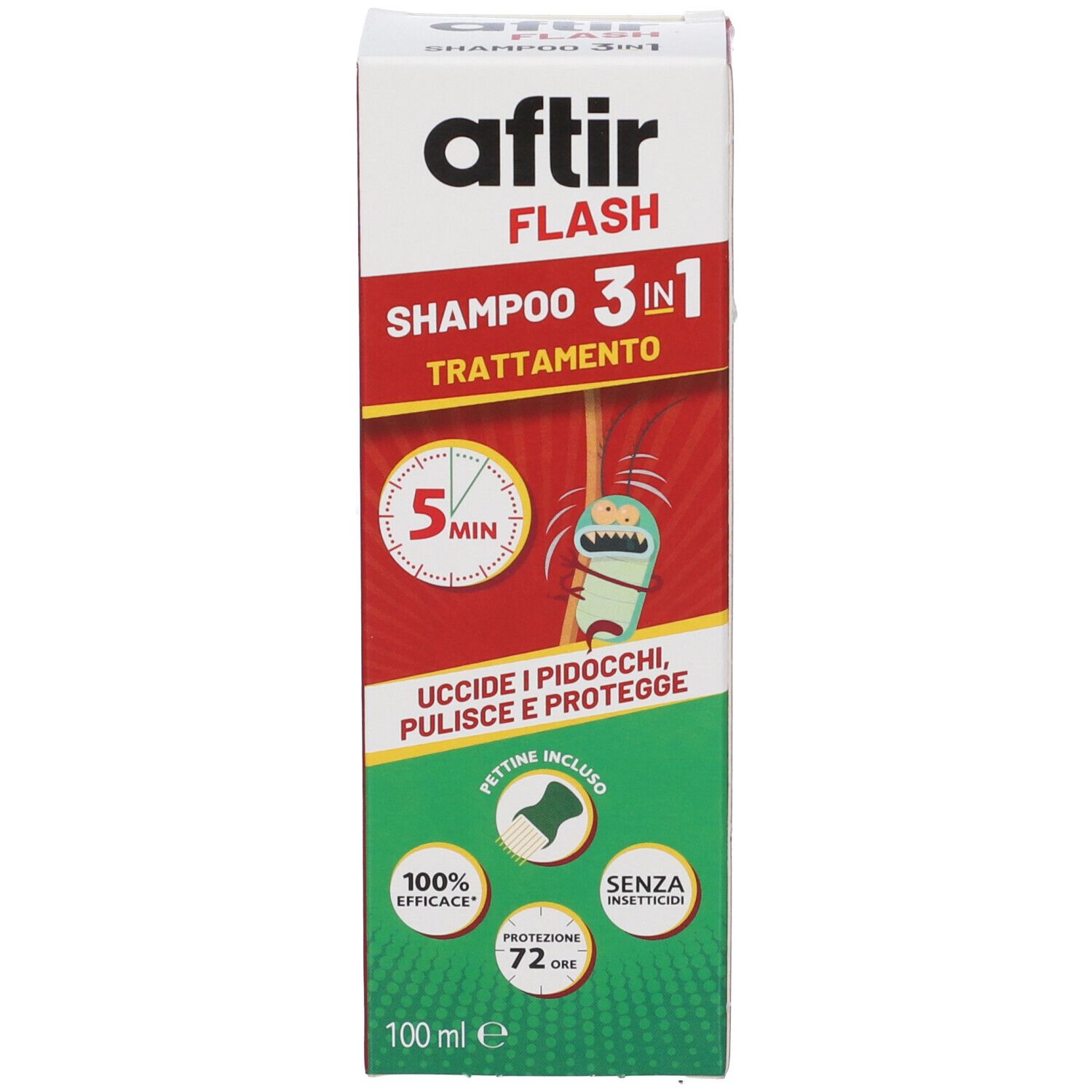 Scatola Aftir Flash Shampoo 3in1 con informazioni prodotto, illustrazioni e indicazione 100 ml.