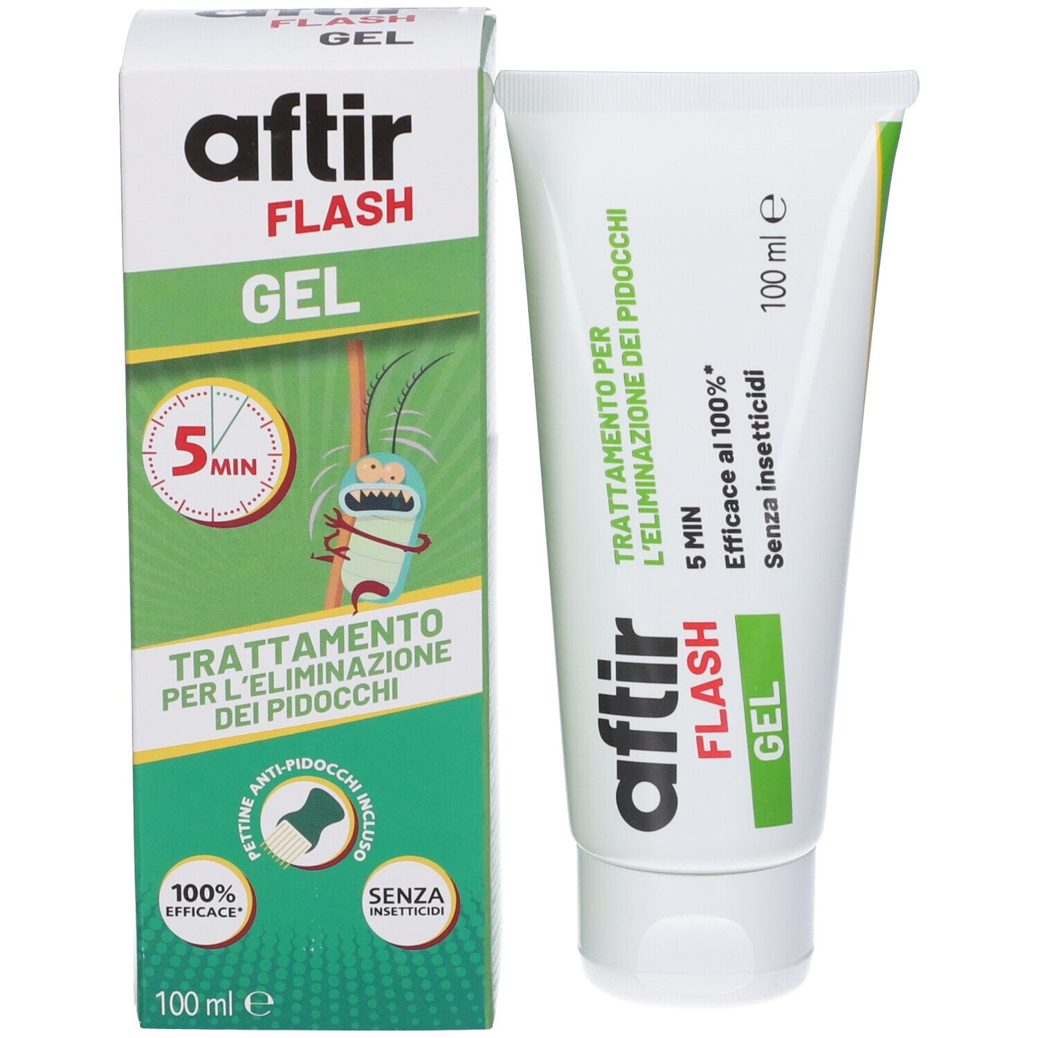 Tubo e confezione Aftir Flash Gel. 100 ml, trattamento 5 min, 100% efficace.