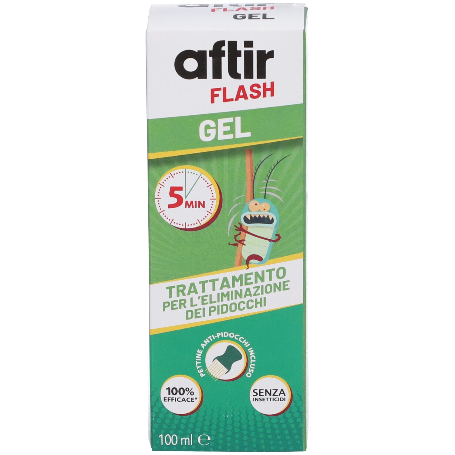 Confezione Aftir Flash Gel: trattamento pidocchi, 100 ml, 5 min, senza insetticidi.