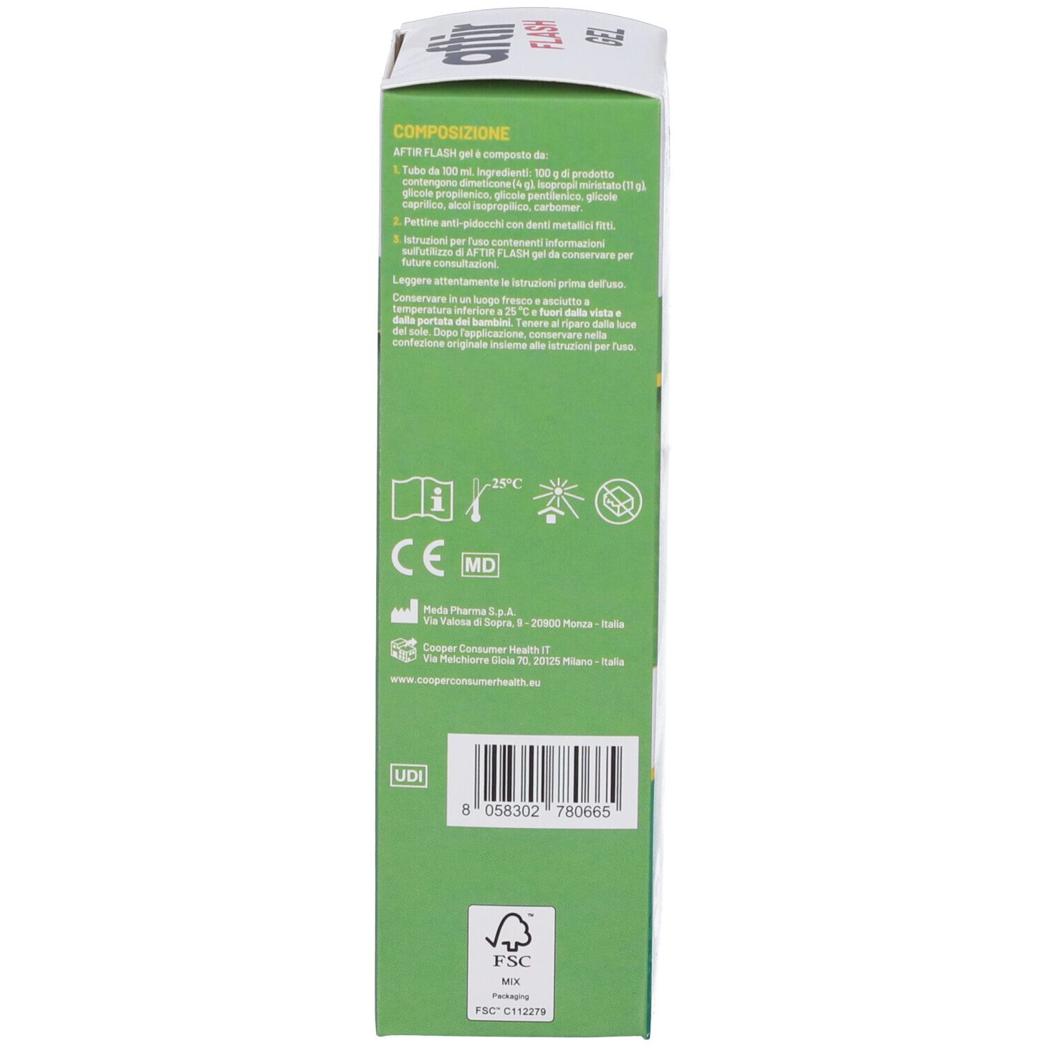 Lato della confezione Aftir Flash Gel con marchio CE e informazioni produttore.