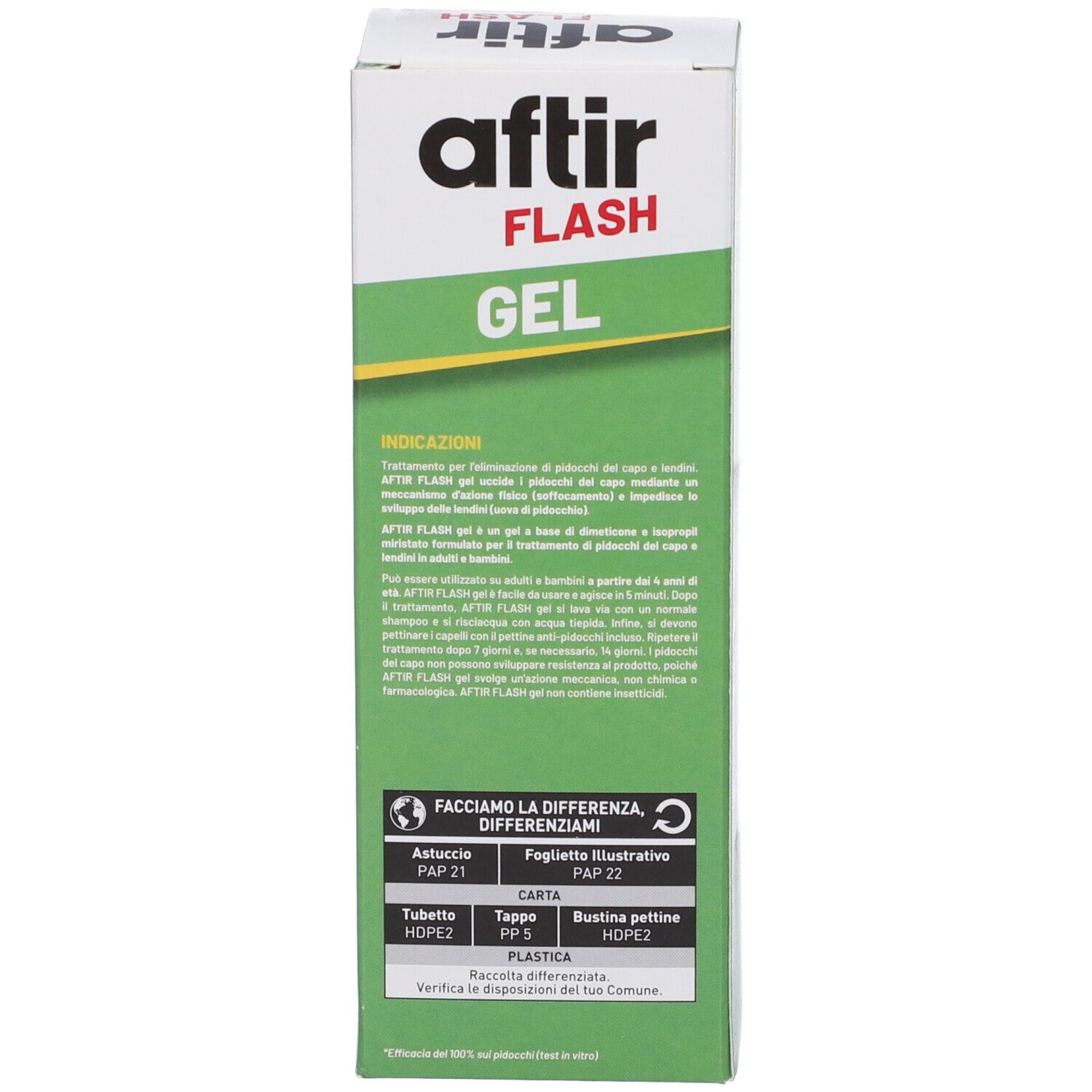 Lato della confezione Aftir Flash Gel con composizione e indicazioni smaltimento.