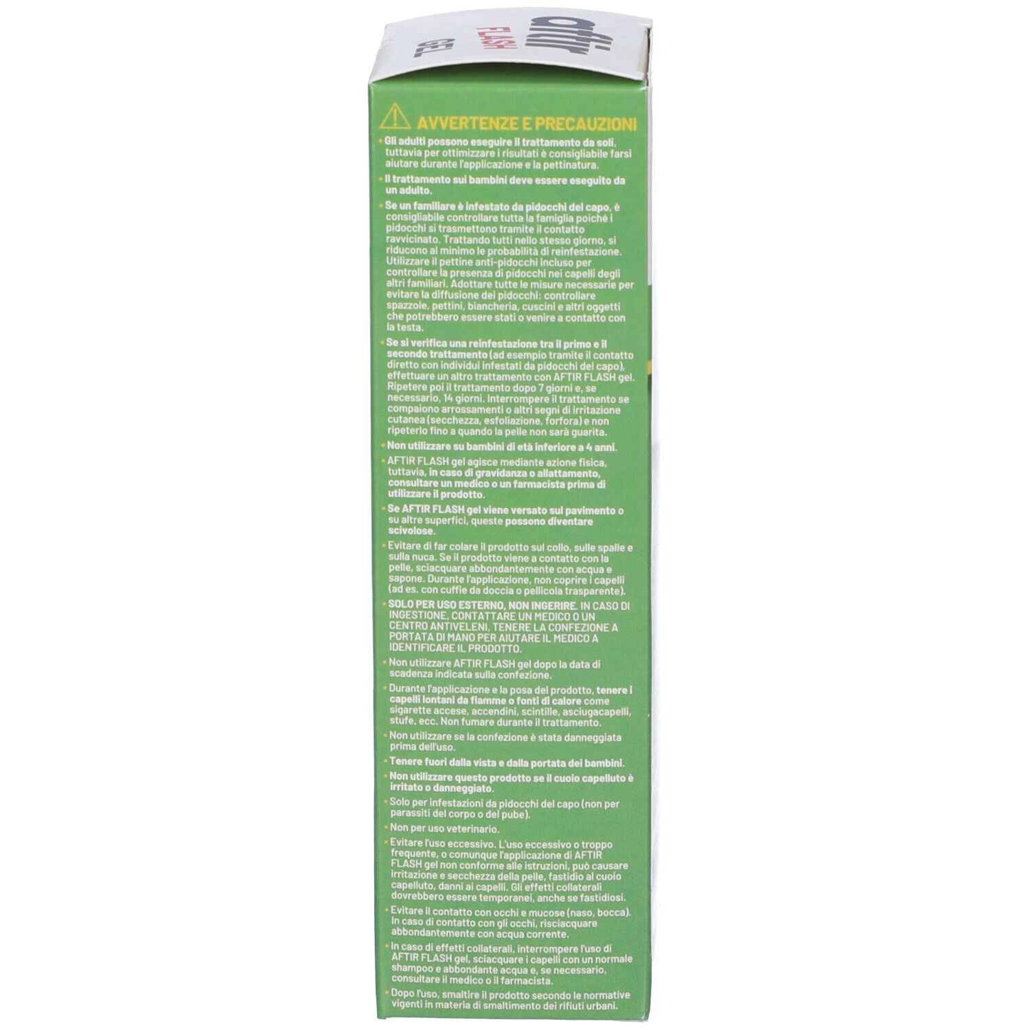 Lato della confezione Aftir Flash Gel con indicazioni e avvertenze.