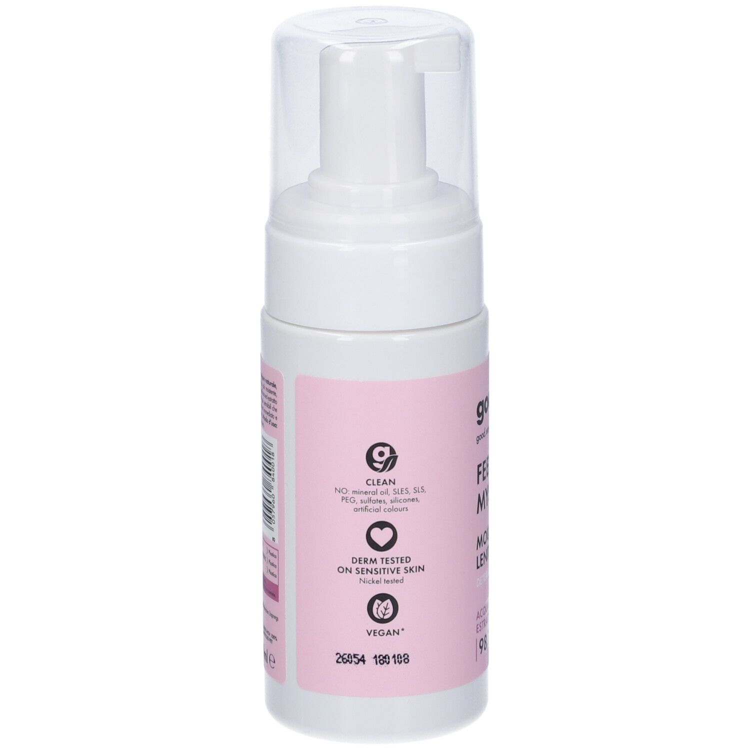 Flacone bianco con erogatore a pompa ed etichetta rosa. Contiene detergente schiumogeno, testato dermatologicamente, vegano.
