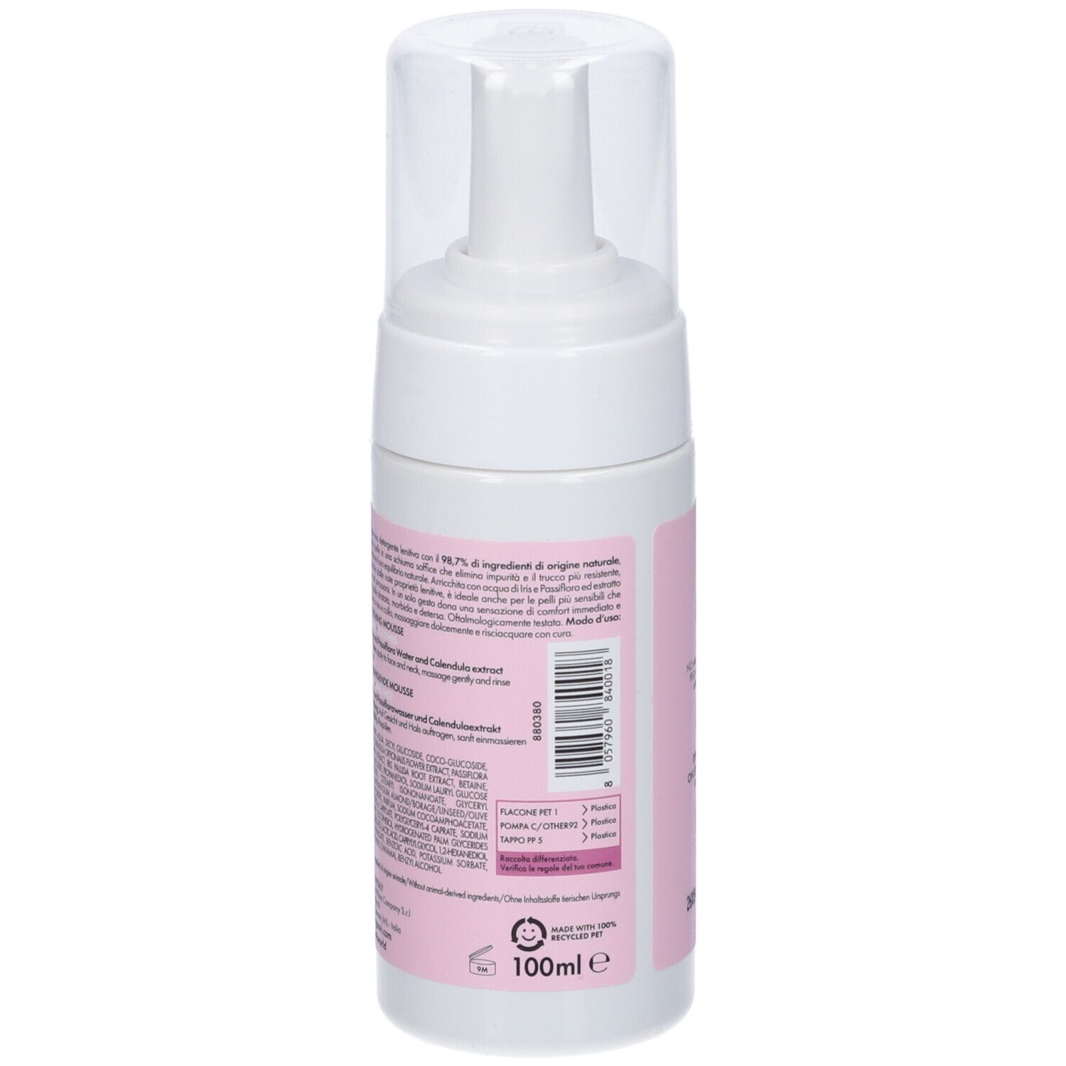 Flacone bianco con pompa e tappo trasparente, 100ml. Etichetta rosa con testo e codice a barre.