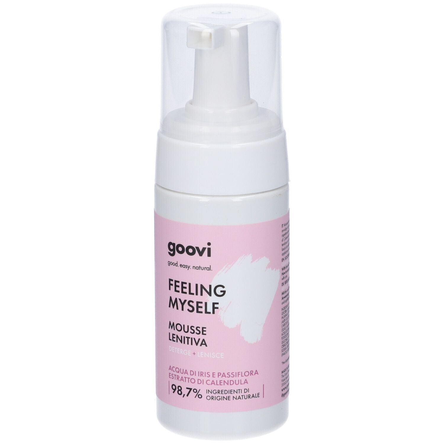 Goovi Feeling Myself Mousse Lenitiva in flacone bianco con erogatore e etichetta rosa.