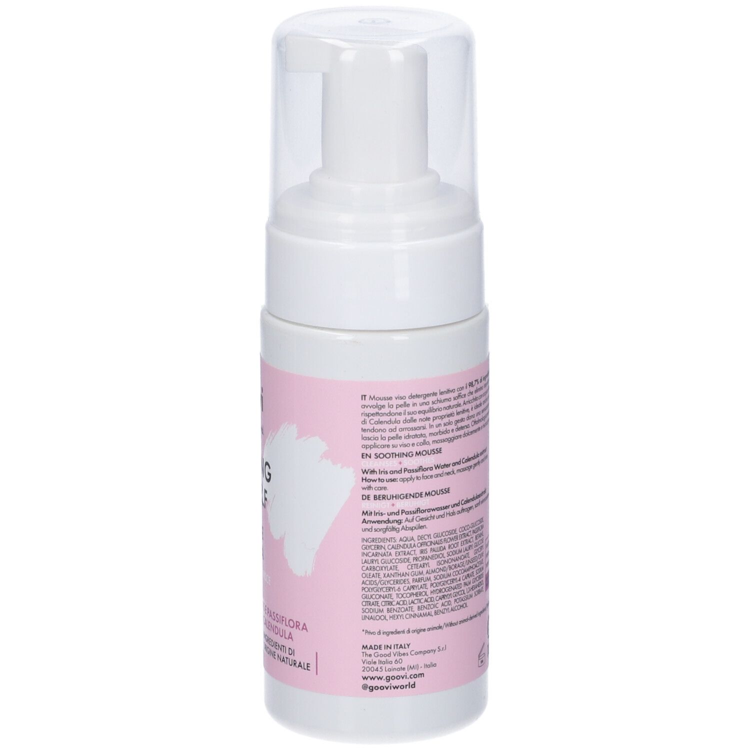 Flacone spray bianco con tappo trasparente, etichettato 'Soothing Mousse'.