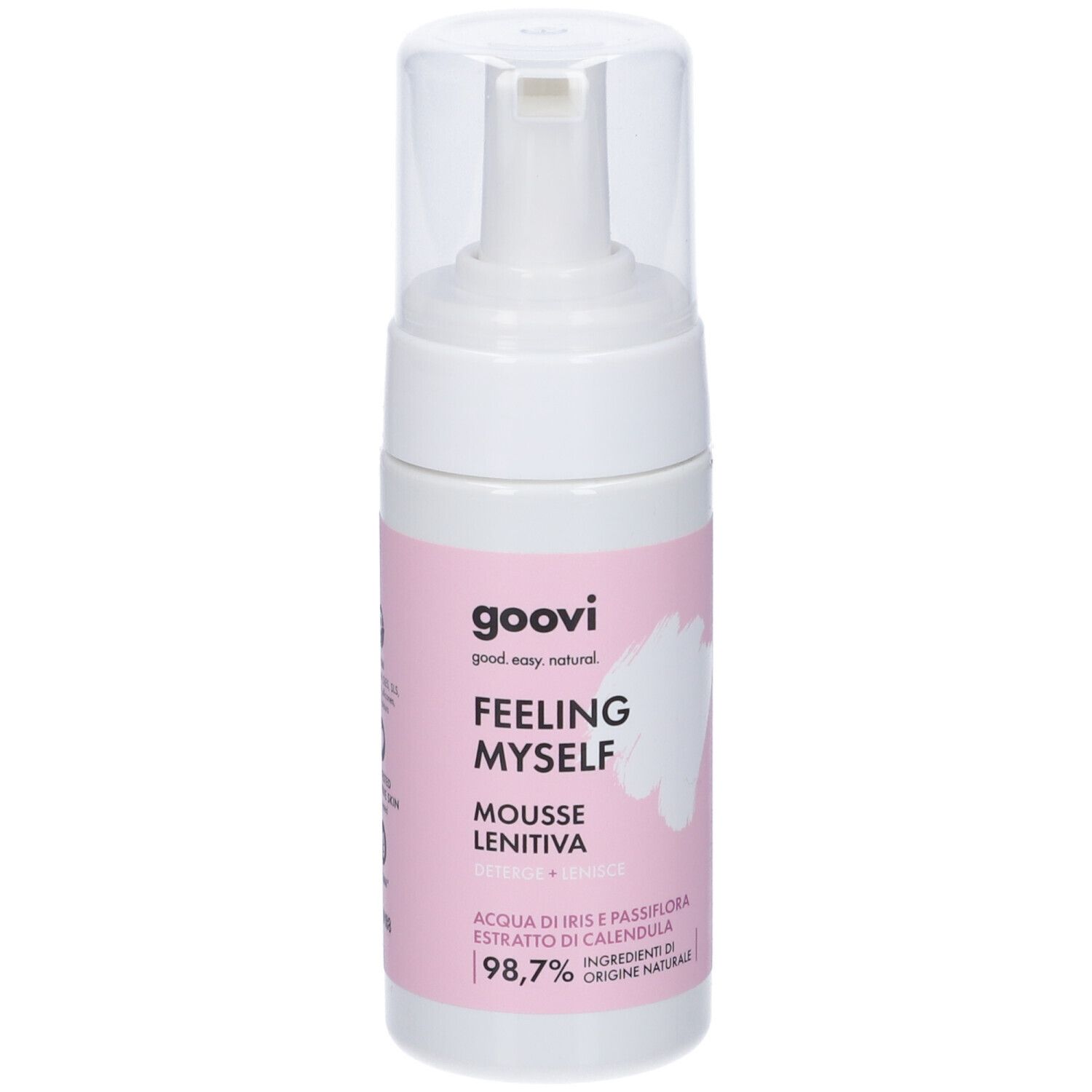 Dispenser Goovi Feeling Myself Mousse Lenitiva con pompa e tappo trasparente. Etichetta rosa con informazioni sul prodotto.
