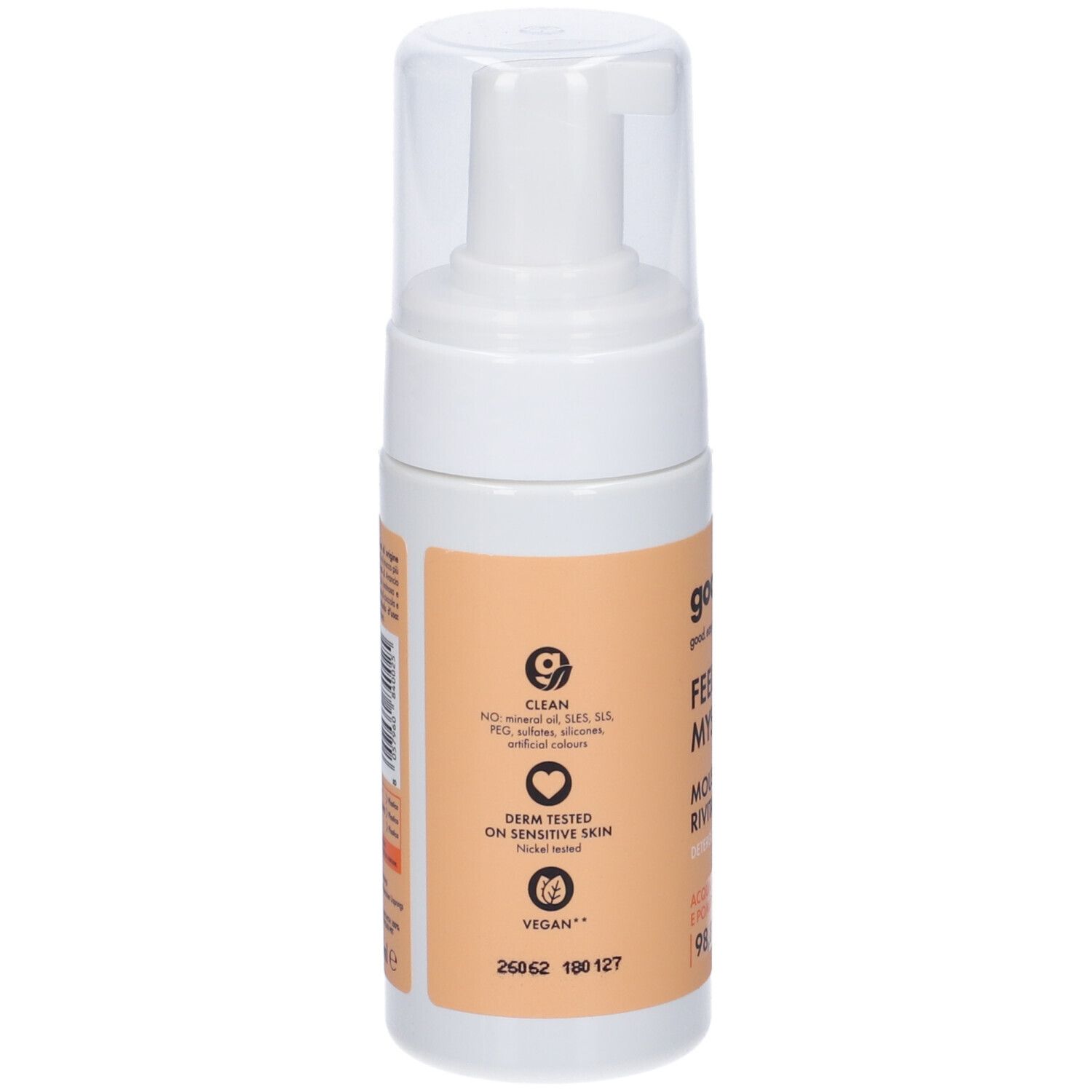 Flacone bianco con dispenser a pompa e tappo trasparente. Etichetta con sigilli 'CLEAN', 'DERM TESTED' e 'VEGAN'.