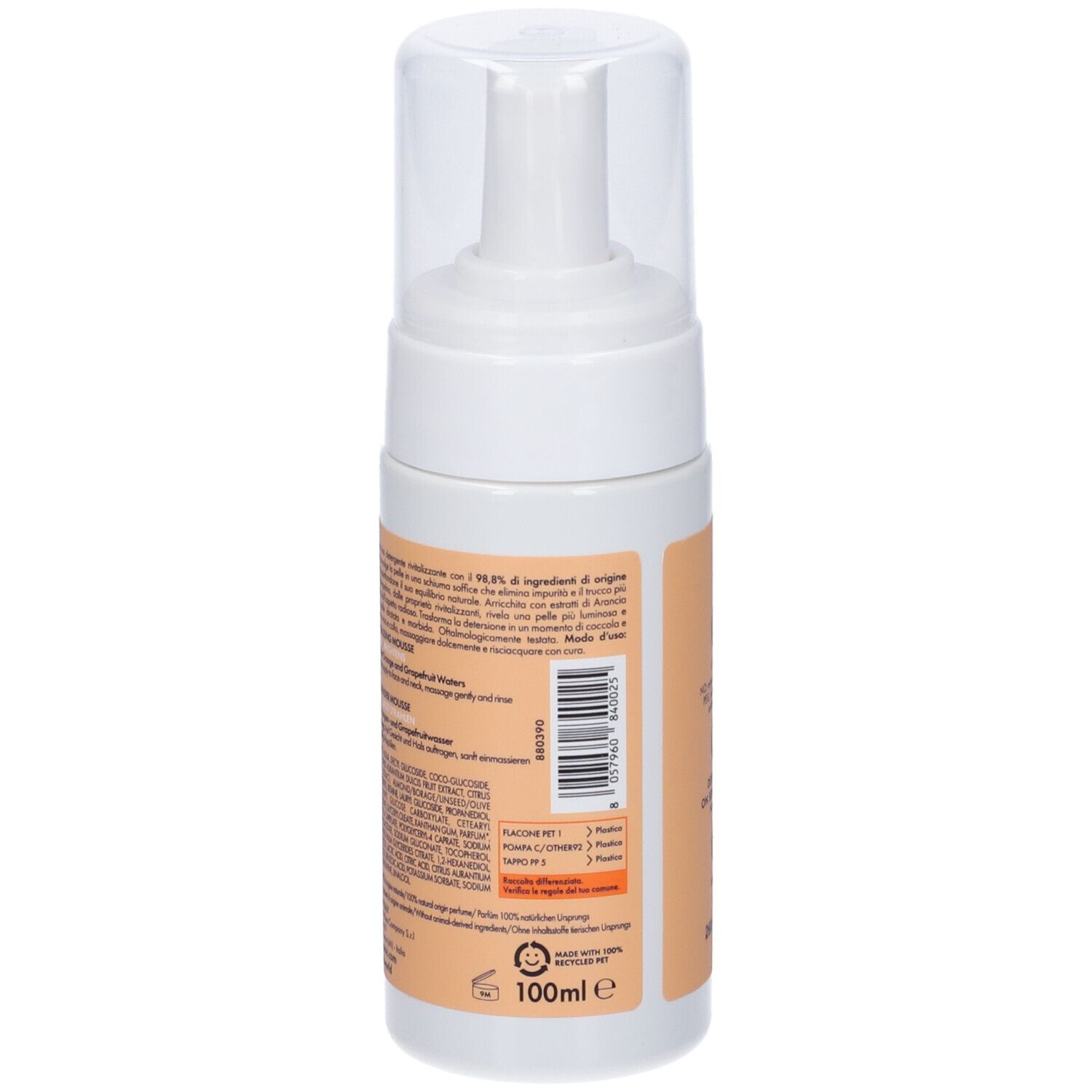 Flacone bianco con erogatore di schiuma e tappo trasparente, 100ml.