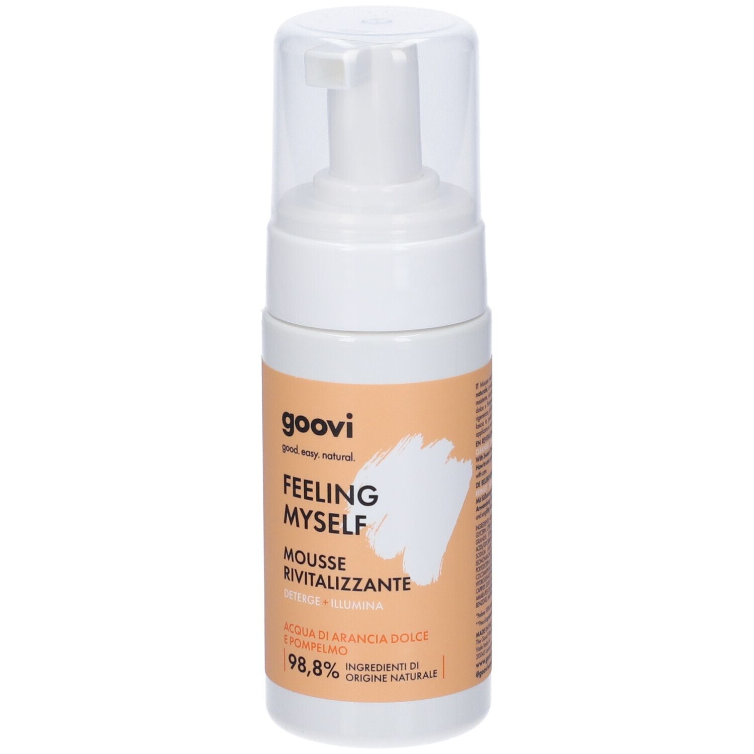 Dispenser Goovi Feeling Myself Mousse Revitalizzante con pompa. Etichetta color pesca con scritte bianche.