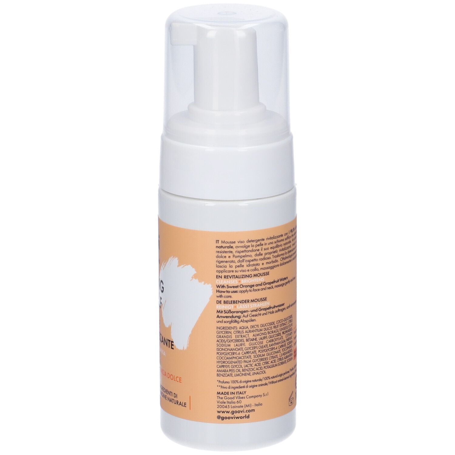 Flacone bianco con dispenser a pompa e tappo trasparente. Contiene mousse rivitalizzante all'arancia dolce e pompelmo.