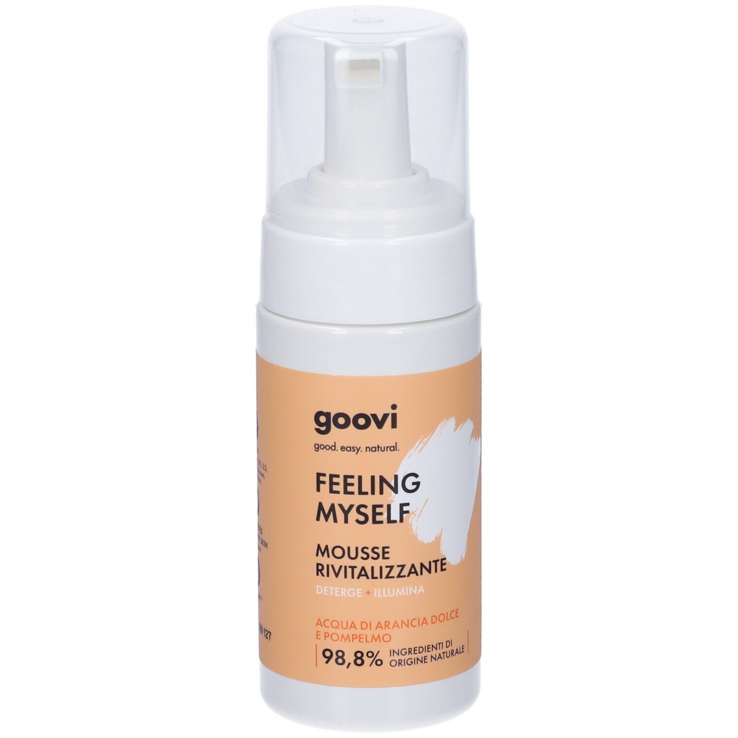 Mousse Goovi Feeling Myself: Mousse rivitalizzante in dispenser bianco con pompa e tappo trasparente. Etichetta su sfondo arancione.