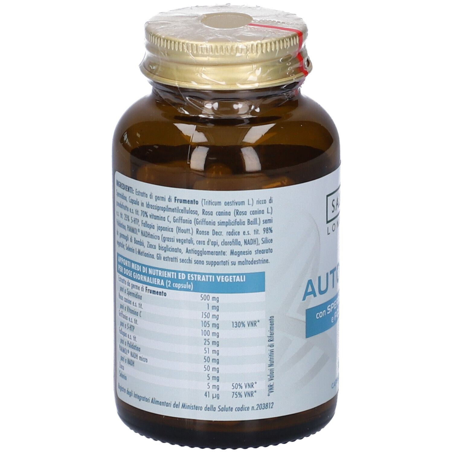 Retro del flacone di vetro marrone. Etichetta con ingredienti e informazioni nutrizionali.