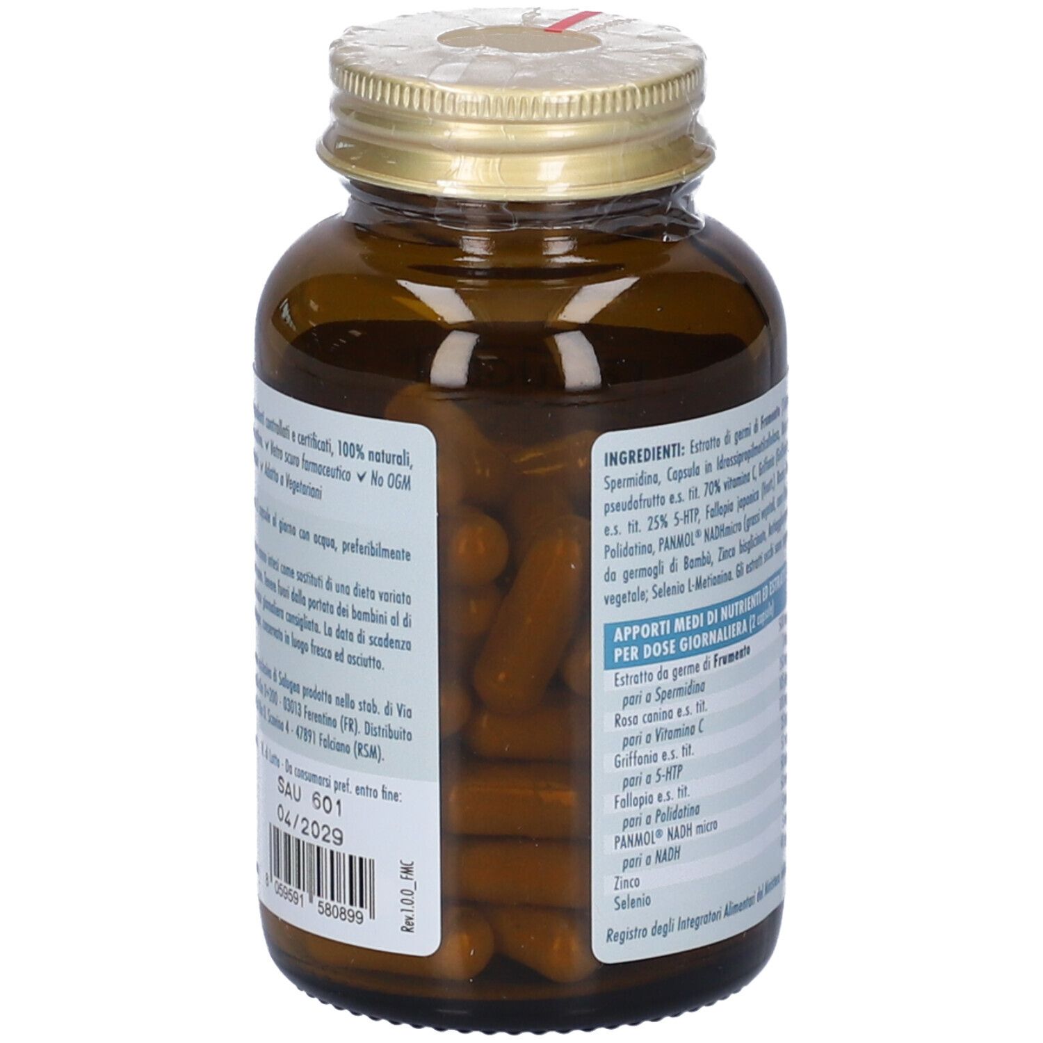Capsule marroni in un flacone di vetro marrone. Etichetta con ingredienti e informazioni.