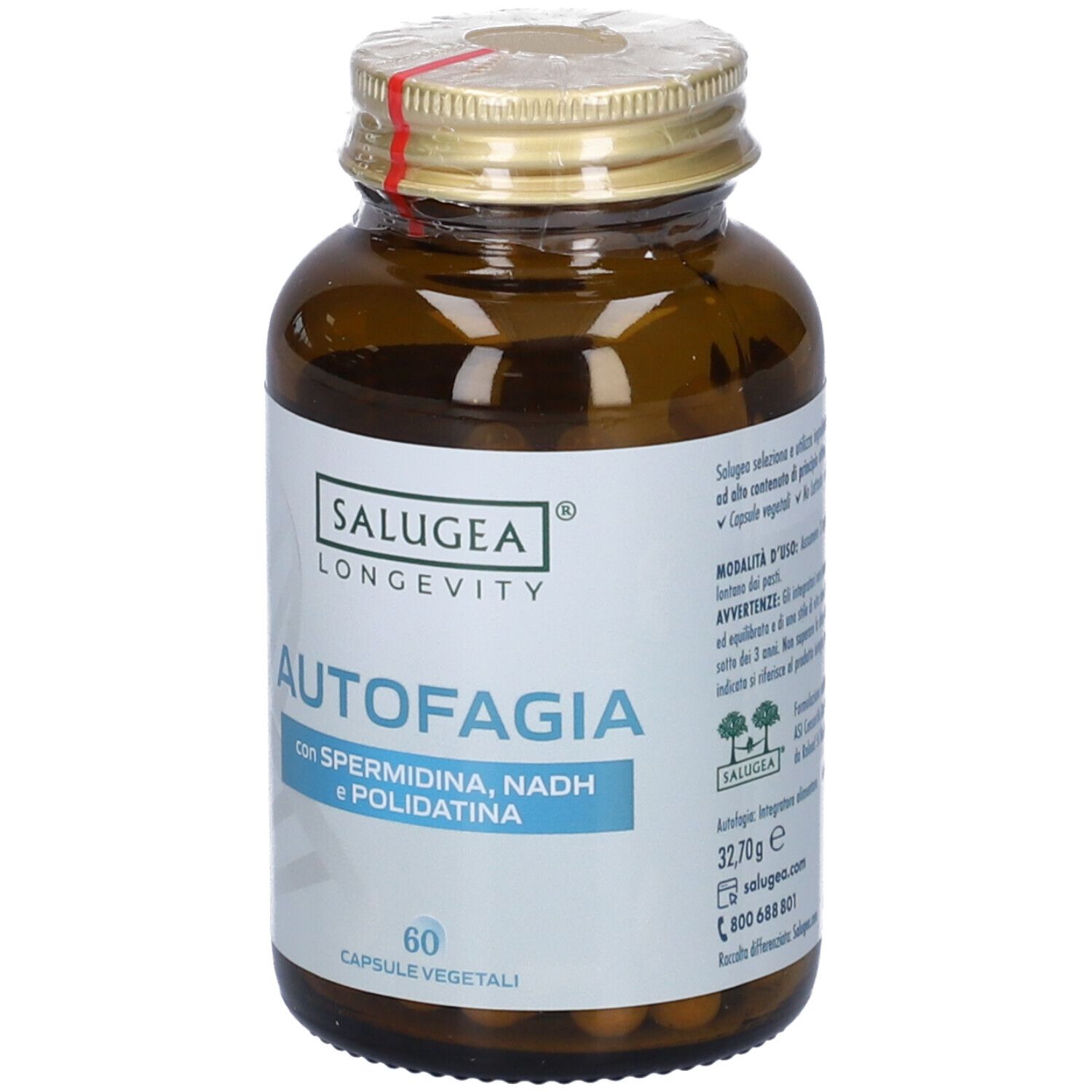 Flacone di vetro marrone con tappo dorato. Etichetta con "AUTOFAGIA" e "60 CAPSULE VEGETALI".