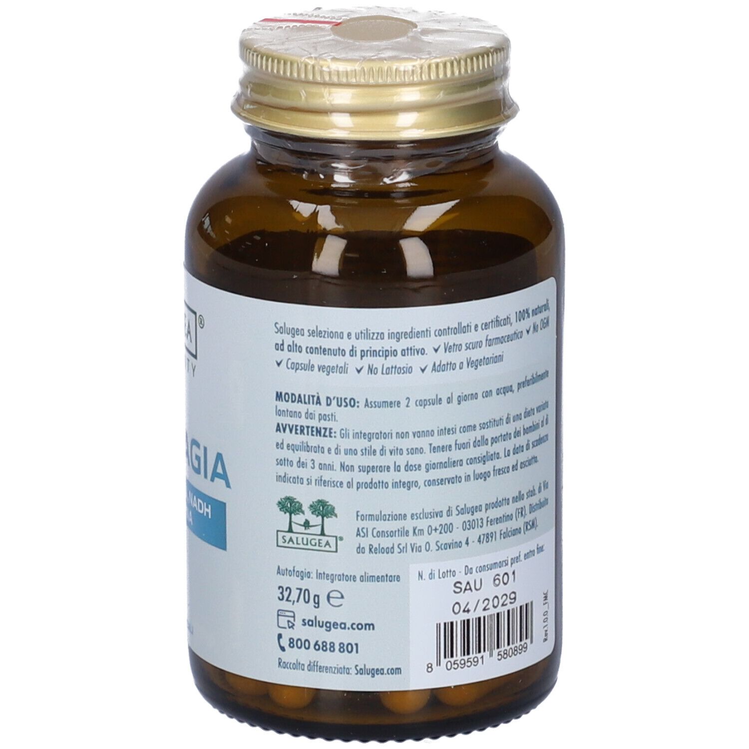 Retro del flacone di vetro marrone. Etichetta con informazioni, ingredienti e avvertenze.