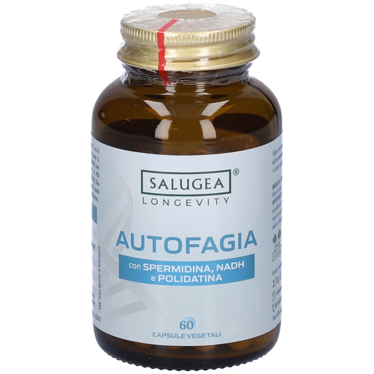 Flacone di vetro marrone con tappo dorato. Etichetta con "AUTOFAGIA" e "60 CAPSULE VEGETALI".