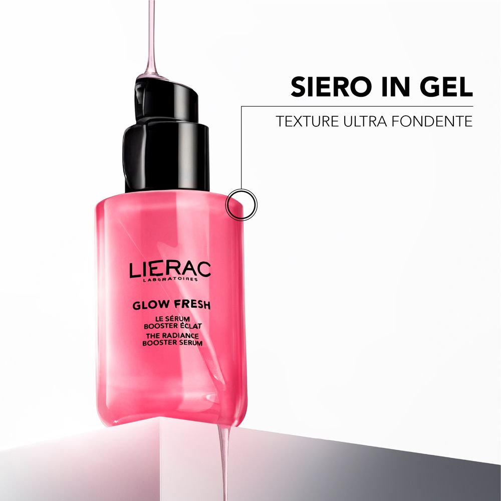 Flacone di siero rosa con tappo nero. Testo: Lierac, Glow Fresh, Siero in gel, texture ultra fondente.