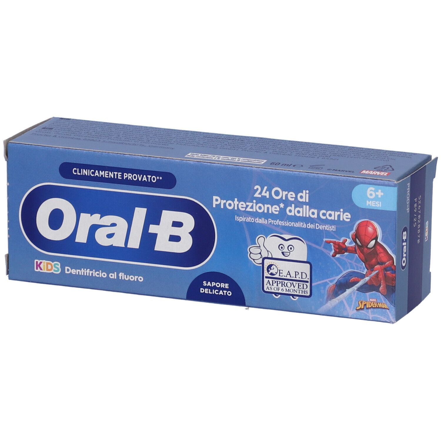 Scatola blu e bianca di dentifricio Oral-B Kids. Illustrazione di Spiderman. Testo: 24 ore di protezione dalla carie, 6+ anni, clinicamente testato.