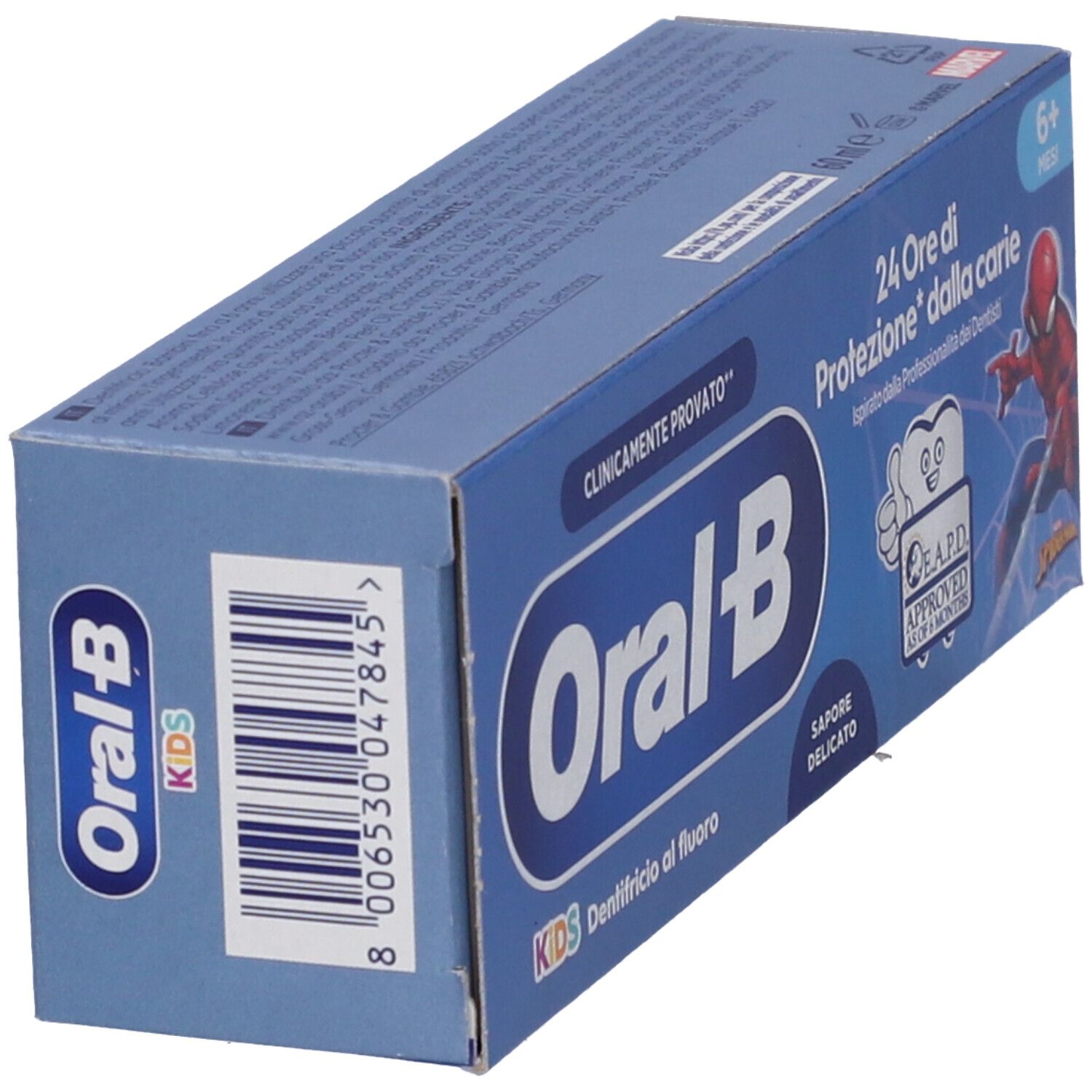 Scatola blu di dentifricio Oral-B Kids. Codice a barre e logo Oral-B. Testo: 24 ore di protezione dalla carie, 6+ anni, clinicamente testato.