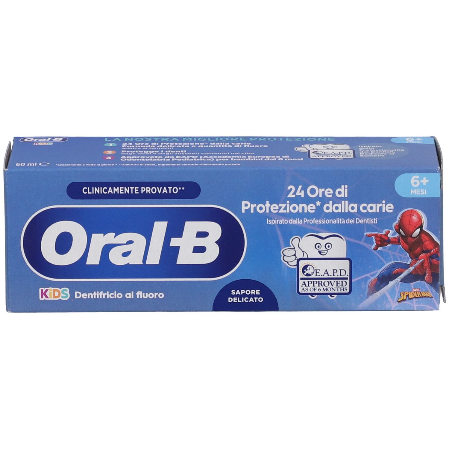 Scatola blu e bianca di dentifricio Oral-B Kids. Illustrazione di Spiderman. Testo: 24 ore di protezione dalla carie, 6+ anni, clinicamente testato.
