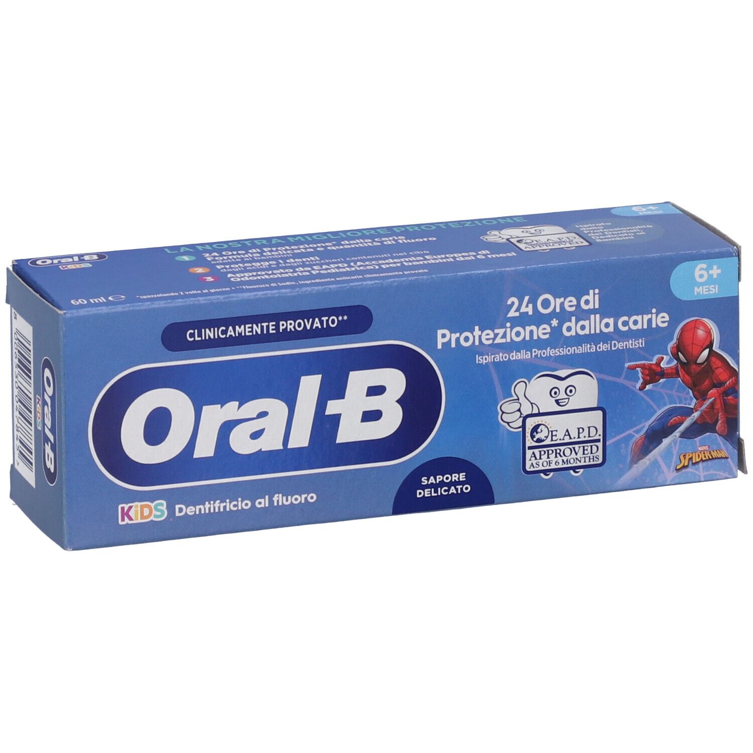 Scatola blu e bianca di dentifricio Oral-B Kids. Illustrazione di Spiderman. Testo: 24 ore di protezione dalla carie, 6+ anni, clinicamente testato.