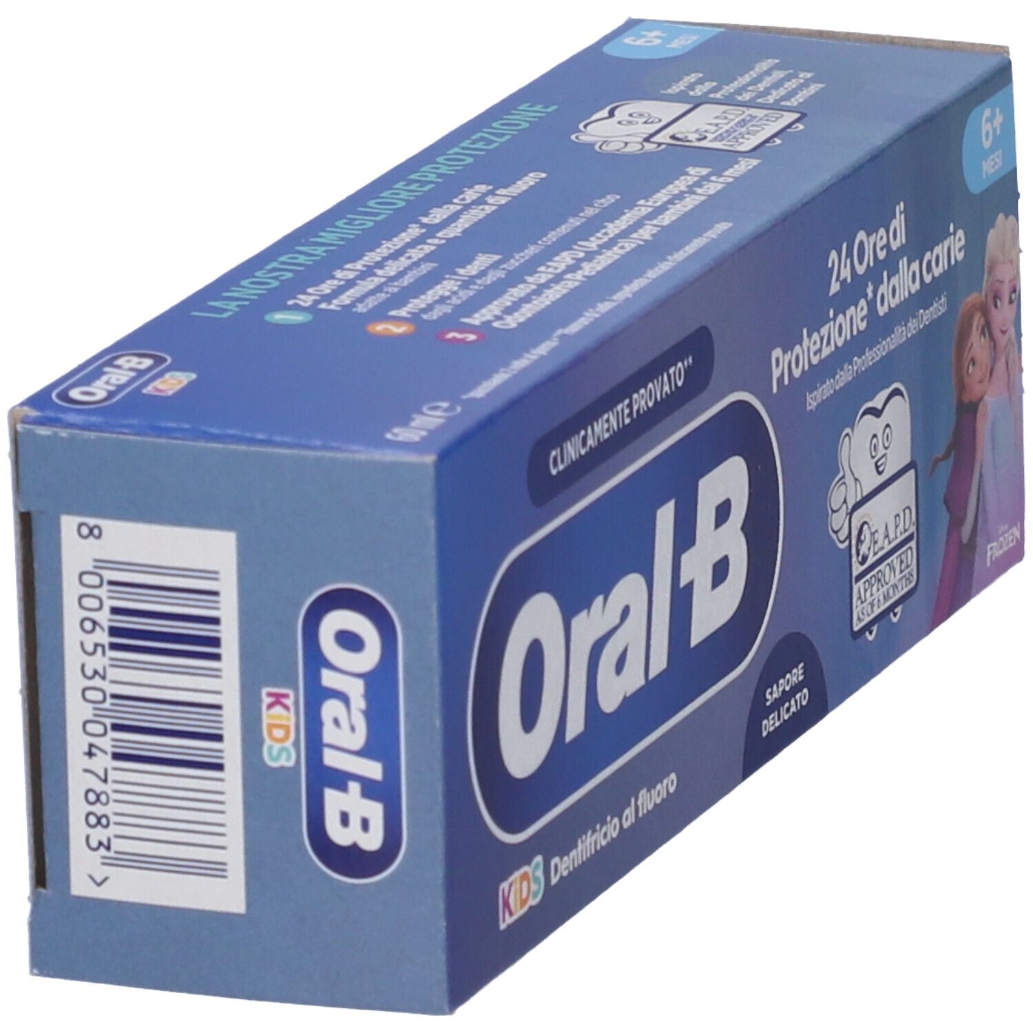 Confezione di dentifricio Oral-B Kids. Scatola blu, angolata. Logo, testo e codice a barre visibili. Personaggi Frozen.
