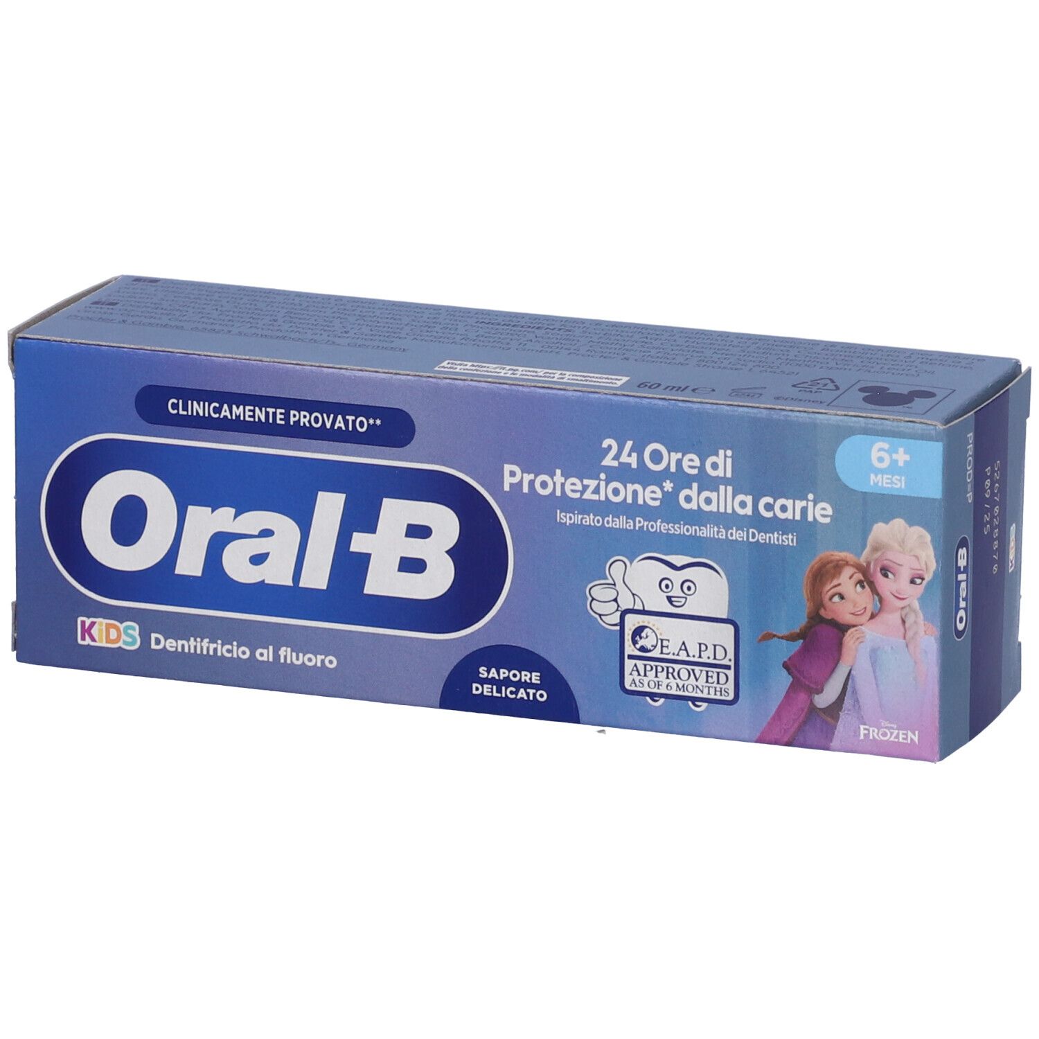 Confezione di dentifricio Oral-B Kids. Scatola blu con logo, testo e personaggi Frozen. Sigillo E.A.P.D.