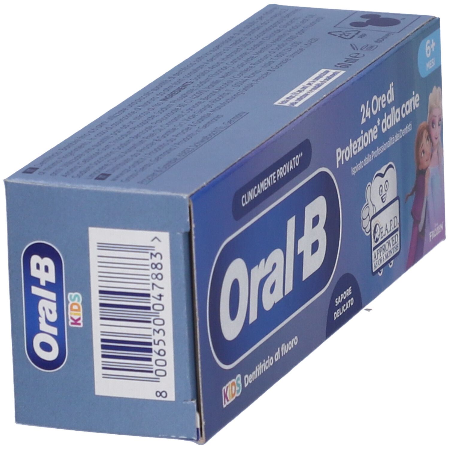 Confezione di dentifricio Oral-B Kids. Scatola blu, angolata. Logo, testo e codice a barre visibili. Personaggi Frozen.