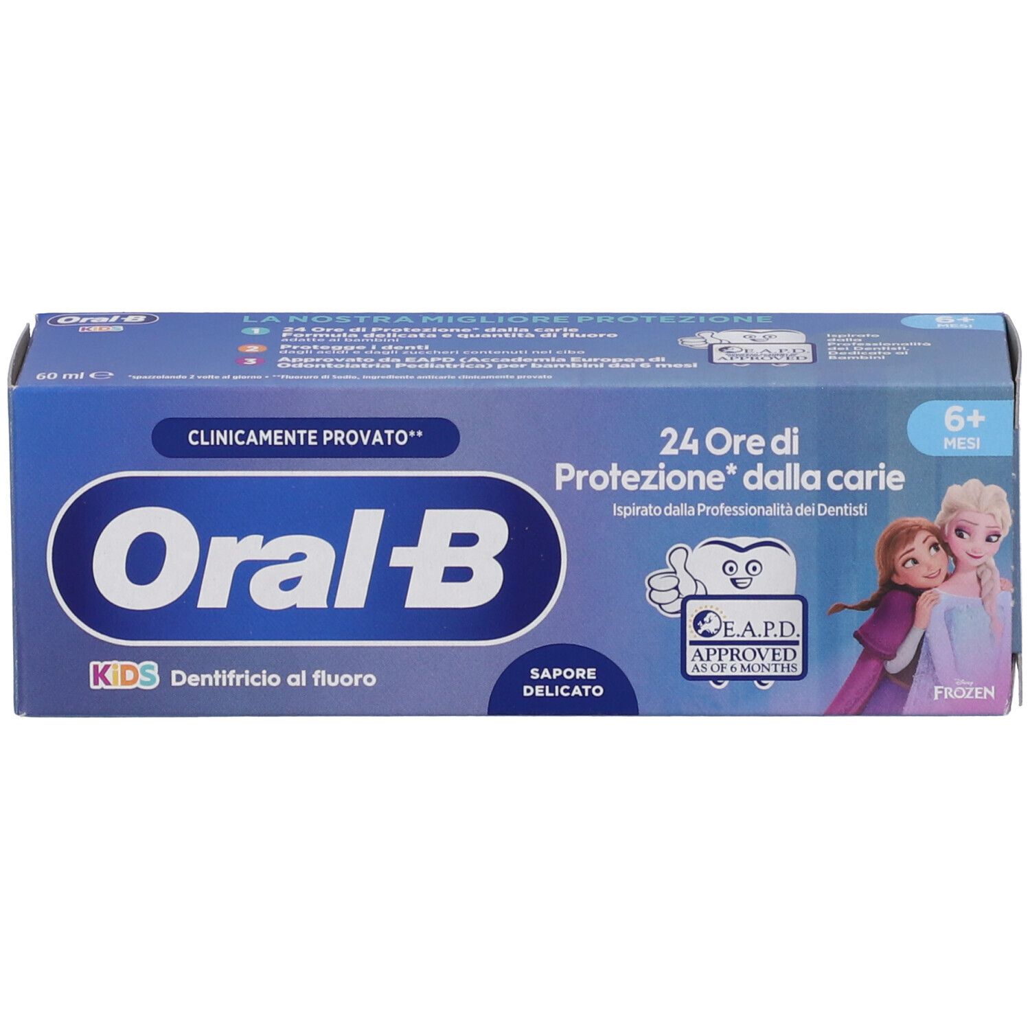 Confezione di dentifricio Oral-B Kids. Scatola blu con logo, testo e personaggi Frozen. Sigillo E.A.P.D.