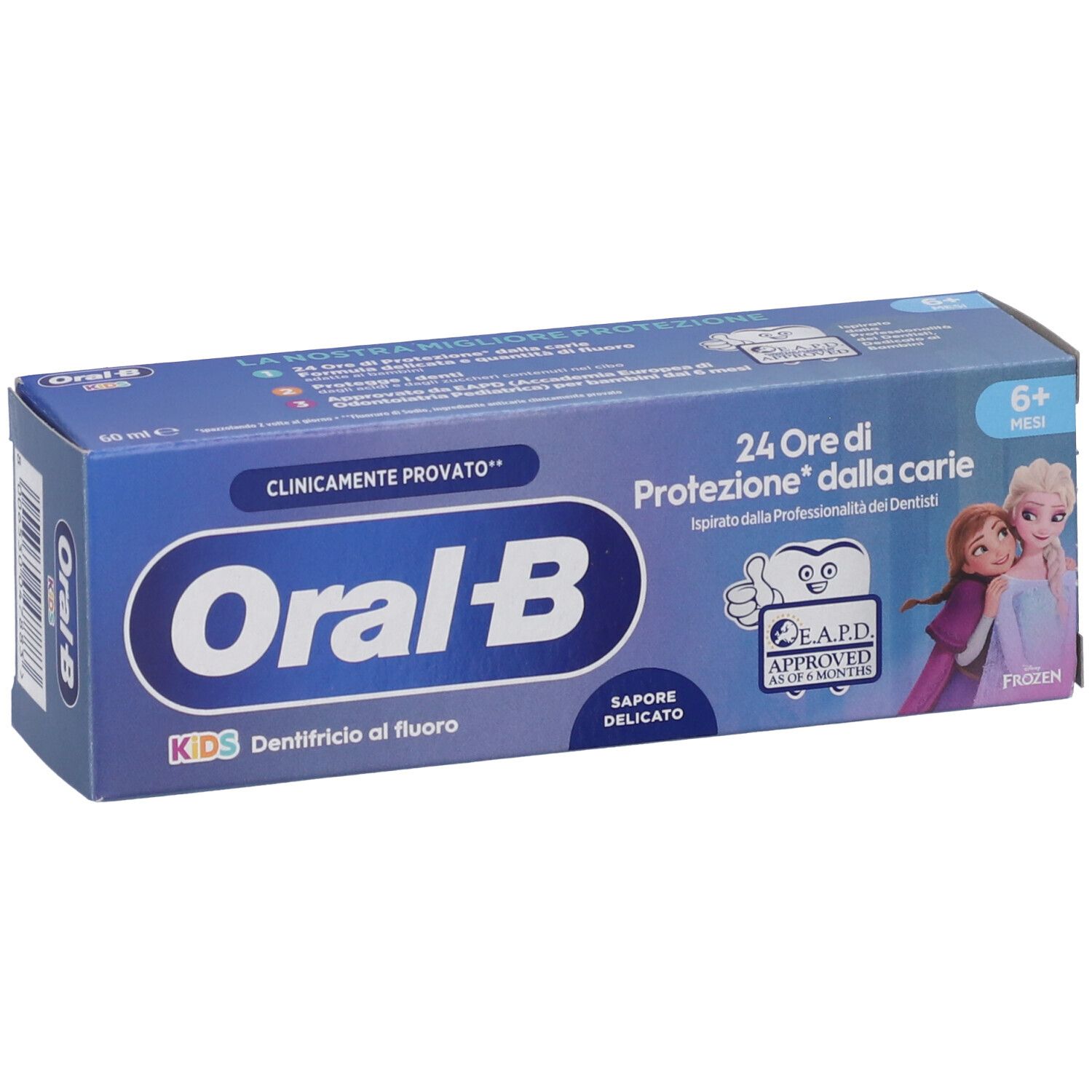 Confezione di dentifricio Oral-B Kids. Scatola blu con logo, testo e personaggi Frozen. Sigillo E.A.P.D.