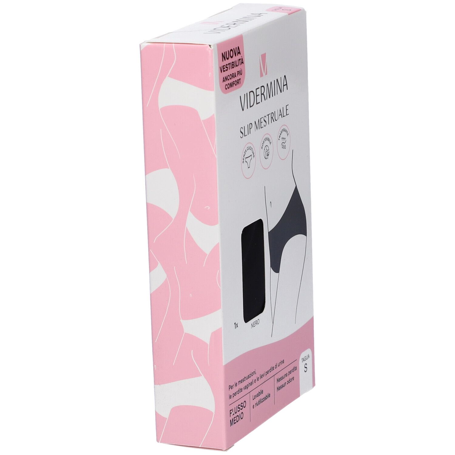 Confezione Vidermina Slip Mestruale Alto, nero, taglia S. Vista obliqua della confezione con testo.