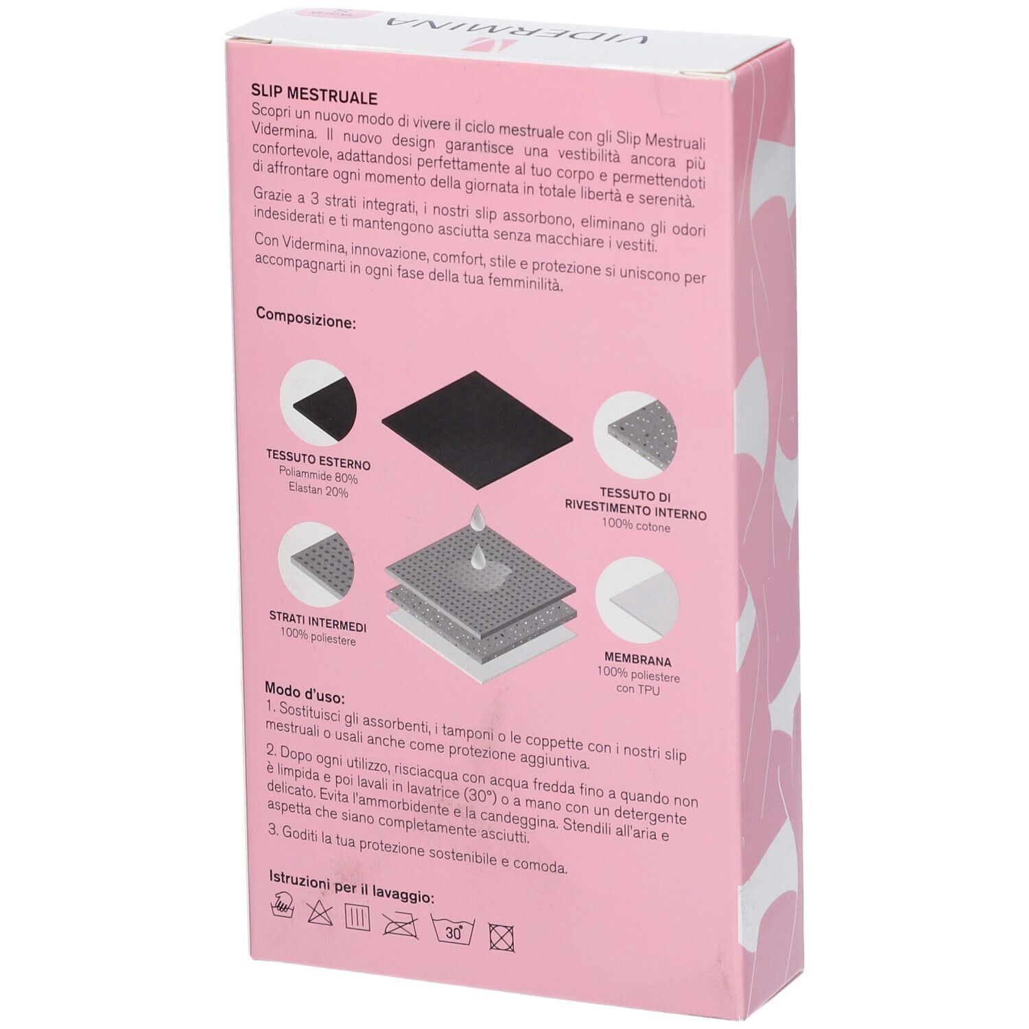 Retro della confezione Vidermina Slip Mestruale Alto. Testo su composizione e modalità d'uso.