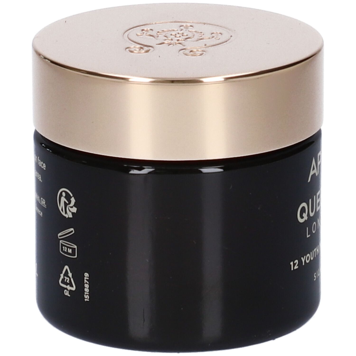 Vasetto di crema nero con coperchio dorato. Scritta: Apivita Queen Bee Longevity. Retro con simboli e testo.