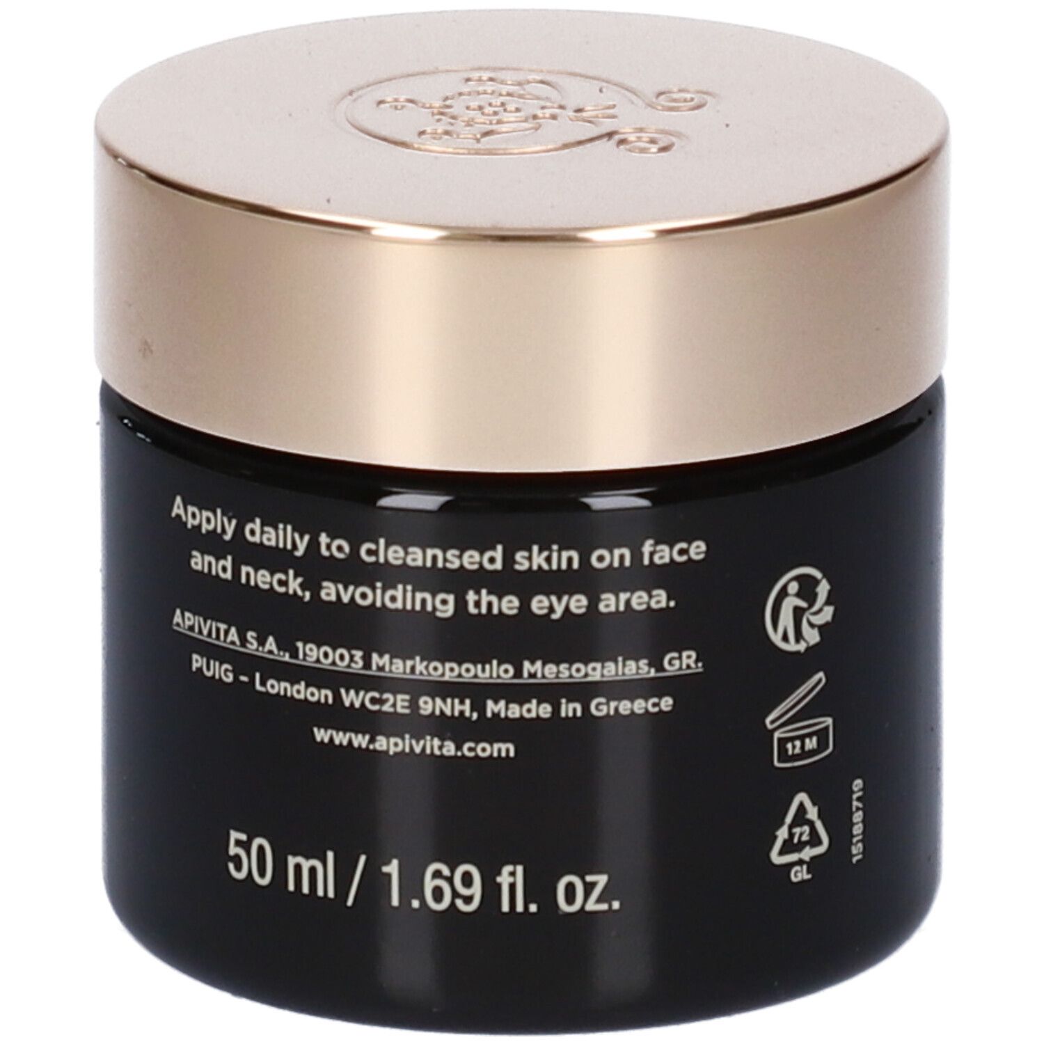 Vasetto di crema nero con coperchio dorato. Scritta: Apivita Queen Bee Longevity. Testo: istruzioni per l'uso e ingredienti.
